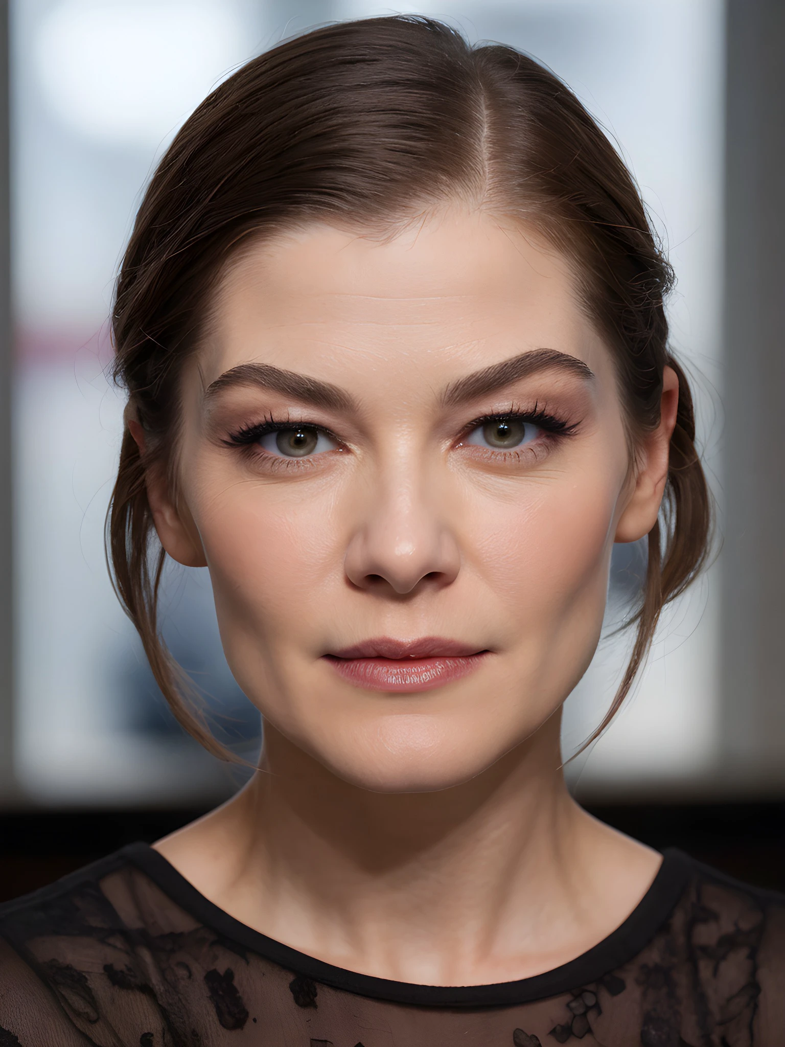 close-up photo of R0s4mundP1k3_V1-Emb , makeup, mascara, eyeshadow, white shirt, in the middle of a fancy diner, 8k uhd, high quality, dramatic, dramatic lighting, realistic , lifelike texture