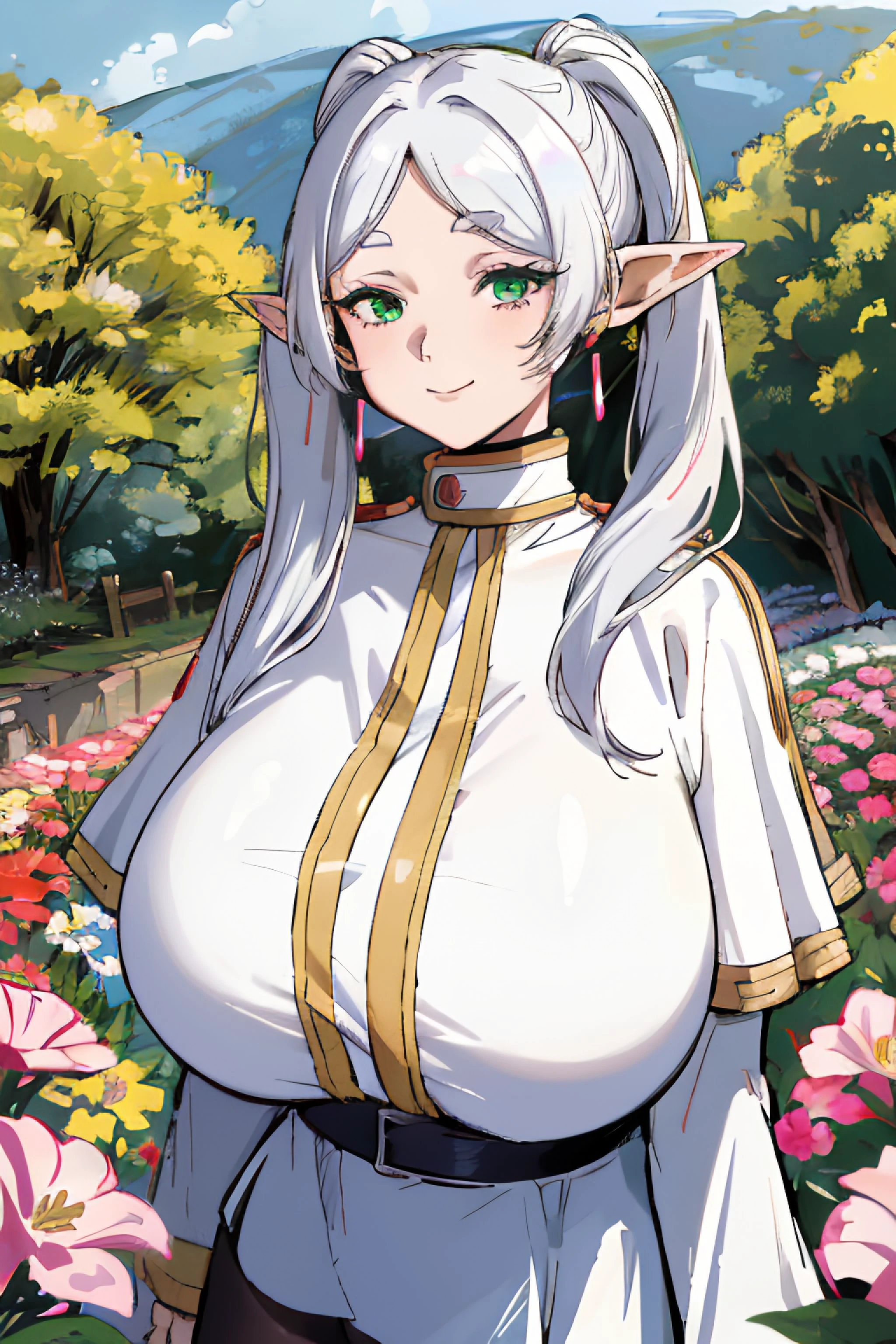 1girl,looking at viewer,happy,taking a flower,(gigantic breasts:1.35),cute appearance,long twintails,white hair,elf ears,green eyes,long sleeves,white capelet,striped shirt,dress,pantyhose,earrings,flowers,garden,town,village,<lora:Frieren:0.95>