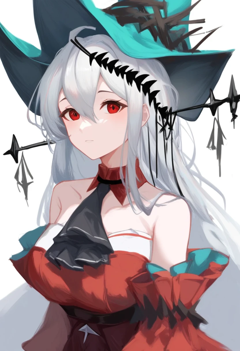 score_9,score_8_up,score_7_up,1girl, skadi_\(arknights\), skadi_the_corrupting_heart_\(arknights\), solo, upper_body, grey_hair, hair_ornament, breasts, official_alternate_costume, highres, aqua_hat, bare_shoulders, black_ascot, clothing_cutout, commentary, detached_collar, detached_sleeves, hair_between_eyes, hat_ornament, looking_at_viewer, red_dress, red_eyes, red_sleeves, simple_background, strapless_dress, two-sided_sleeves, white_background
