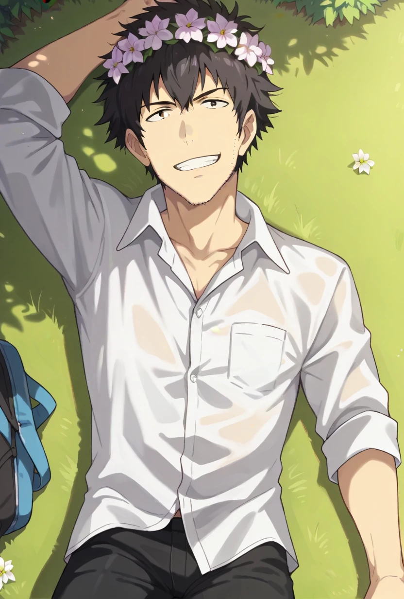 score_9, score_8_up, keisuke suga, 1boy, solo, black hair, messy hair, flower crown, stubble, white shirt, black pants, lying down, grin, looking at viewer, park, grass, from above