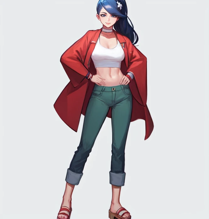 full body shot, solo,  <lora:shiraizumiTamako(MMBN):0.6>, standing, shiraizumi_tamako, long hair, navel, pants, midriff, green pants, choker, smile, crop top, hair ornament, tank top, blue hair, long ponytail, red coat, wide sleeves, white tank top, wristband, sandals, toes, simple background, highres, Digital art, trending on artstation, best quality, insanely detailed, masterpiece, stunning environment, wide-angle,