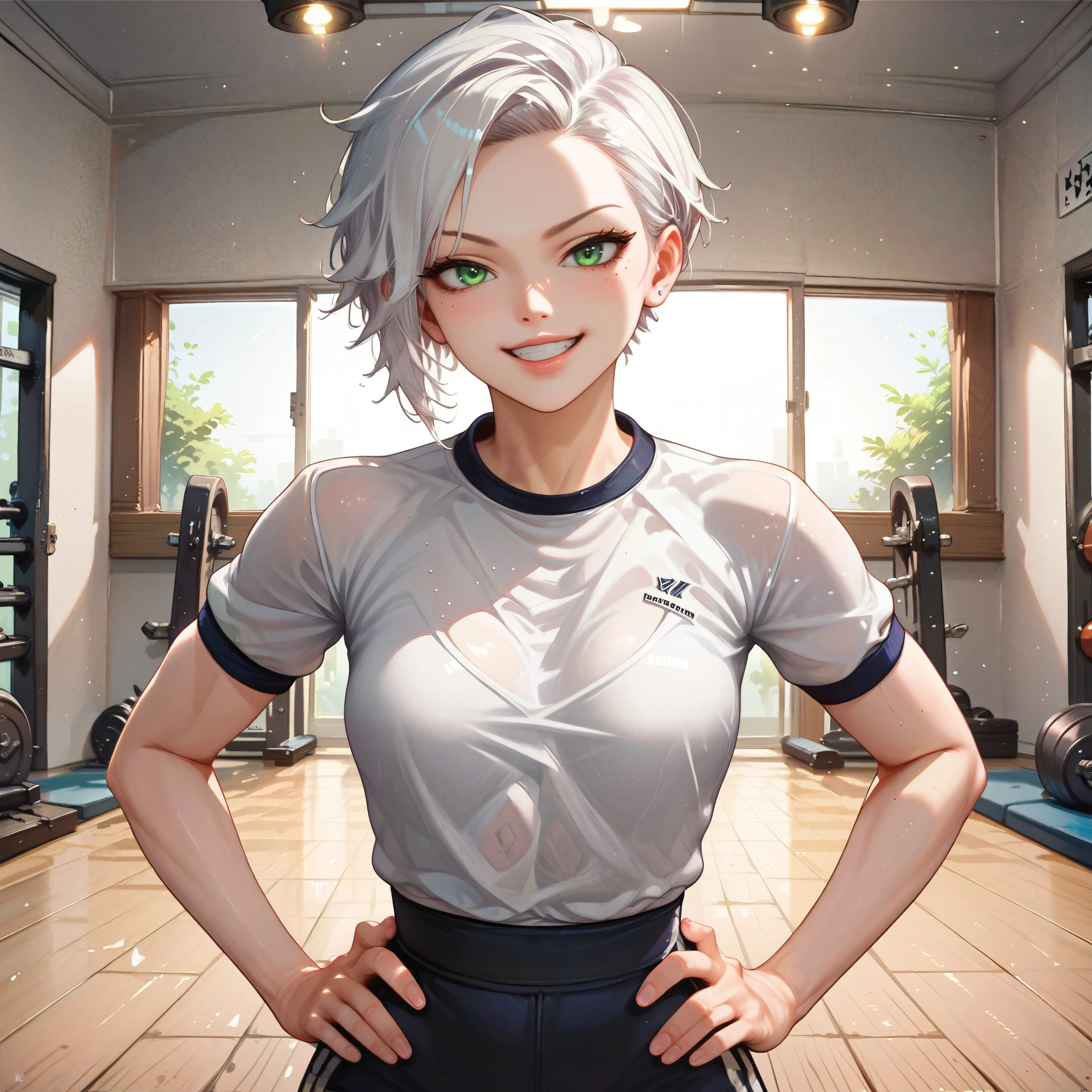 score_9, score_8_up, score_7_up,runa,white hair, green eyes, athletic, pale skin,    close-up, gym uniform, gym, hands on own hip, light smile, indoors,    <lora:Expressive_H:0.8><lora:Runa-V2:0.8>