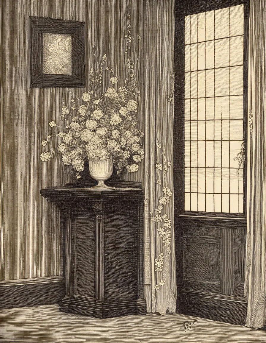 franklin booth style, indoors, wooden floor, detailed, half-wall paneling, door, open window, curtains, side table, vase with flowers <lora:franklin_booth_style_sdxl_v16-000016:1>