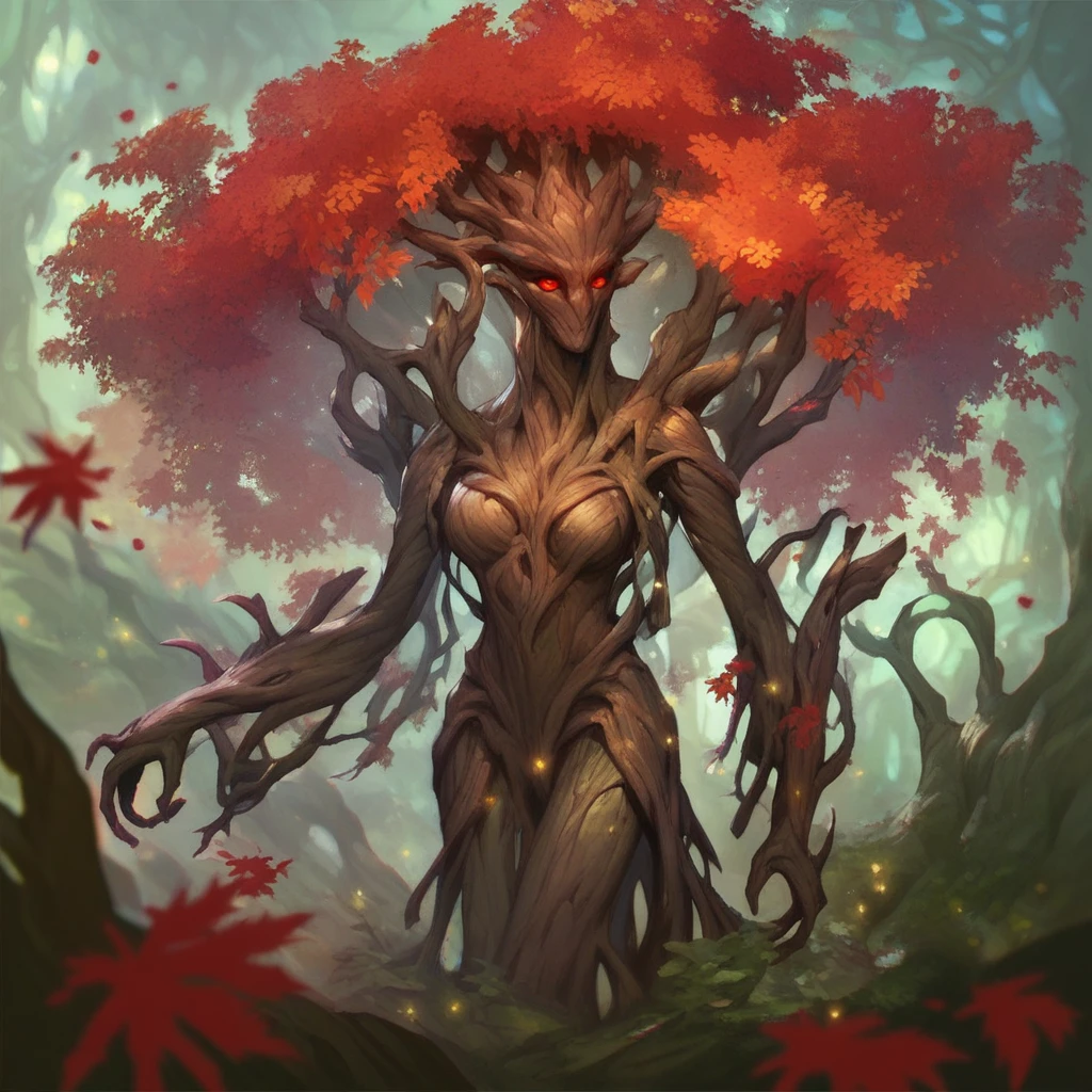(((beautiful, high quality))), score_9, score_8_up, score_7_up, Ent, living tree, colored bark, colored foliage, 1girl, red foliage, dark bark, red eyes, fantasy background, blurred background