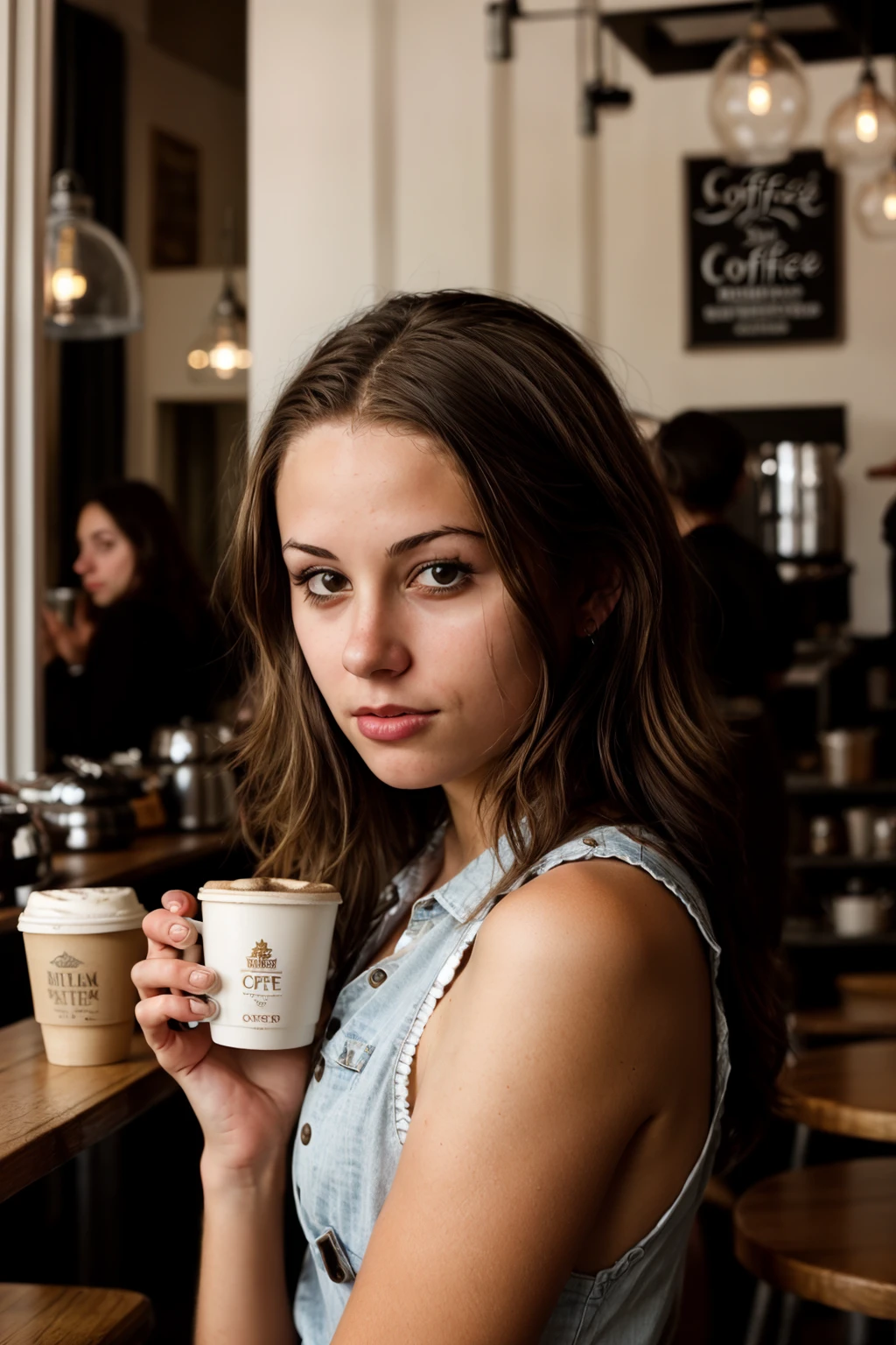 <lora:Dayanna:0.8>, full color portrait of a young woman, having a coffee at a vintage cafe, natural light, RAW photo, subject, 8k uhd, dslr, soft lighting, high quality, film grain, Fujifilm XT3