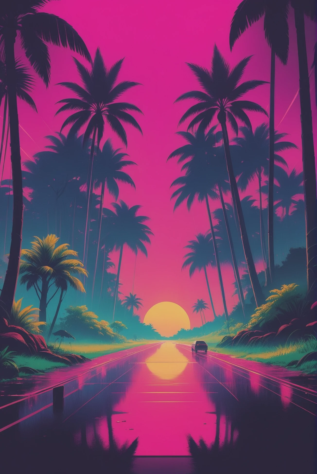 1980s synthwave cyberpunk, noon, scenery, in a Tropical Monsoon Forest<lora:synthwave1:1:1:lbw=SDXL_OUTS>