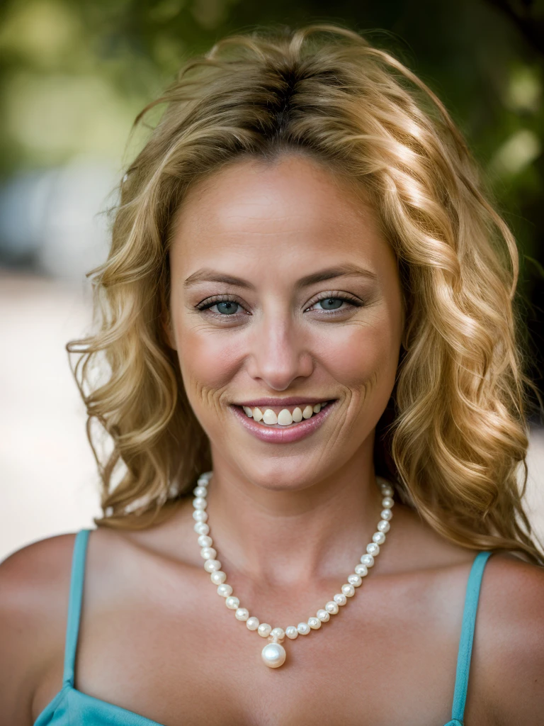 Beth Behrs with wavy hair wearing flower chains completely naked and smiling