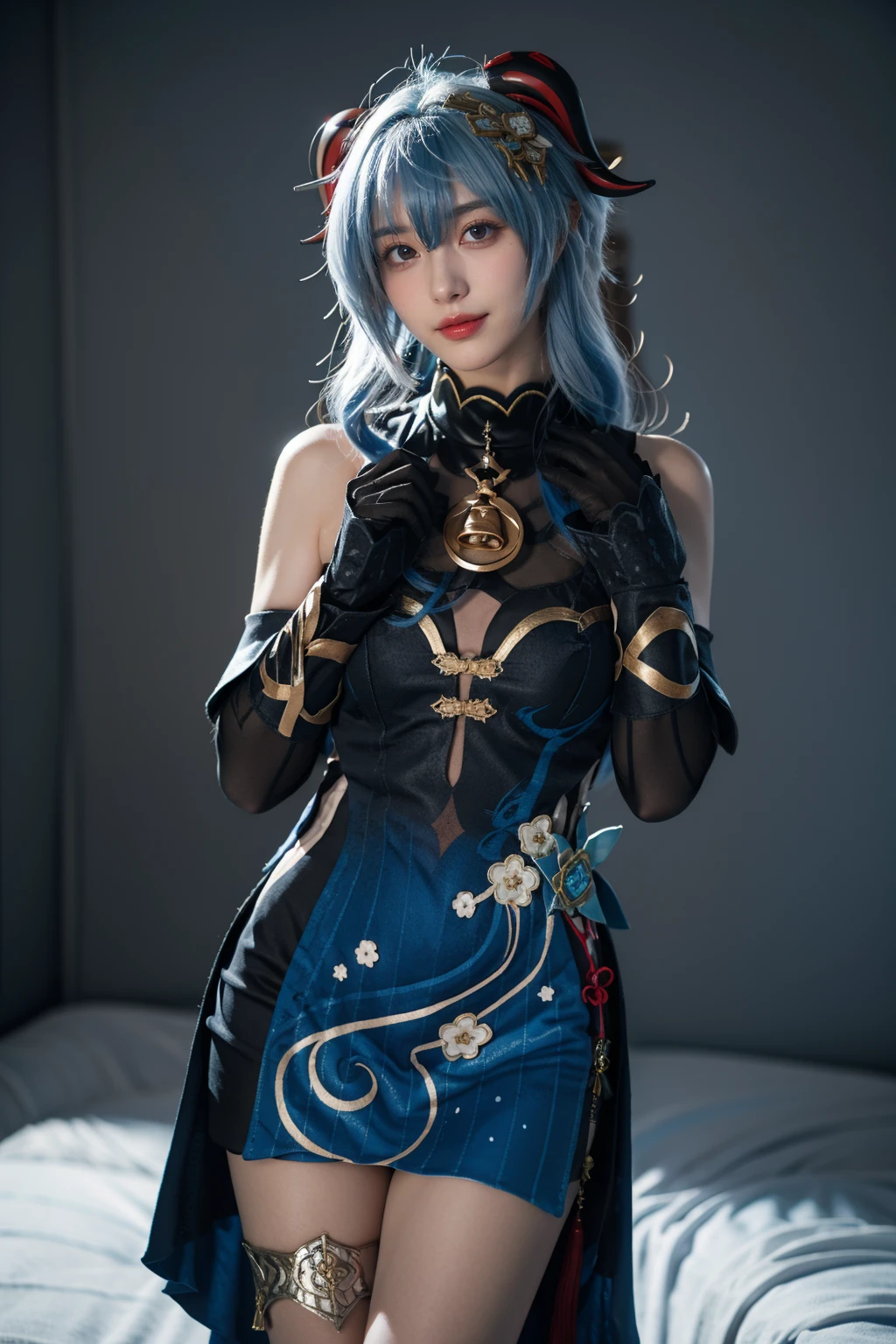 best quality,masterpiece,realistic,photorealistic,1girl,solo,looking at viewer,smile,standing,cowboy shot,ganyu cosplay costume,ganyu,genshin impact,cosplay,alternate costume,blue hair,long hair,horns,hair ornament,hair between eyes,dress,blue dress,china dress,sleeveless dress,bare shoulders,detached sleeves,gloves,elbow gloves,thigh strap,bell,simple grey background,<lora:Genshin_Ganyu_Lantern_Rite_cosplay_v1:0.7>,