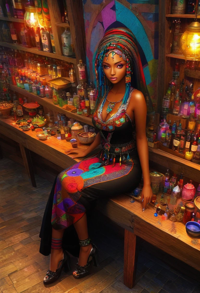 anime, a voodoo woman wearing voodoo style dress, voodoo symbols, sitting at apothecary table, colorful, smokey, highly detailed, , (masterpiece, high detail, best quality), anime