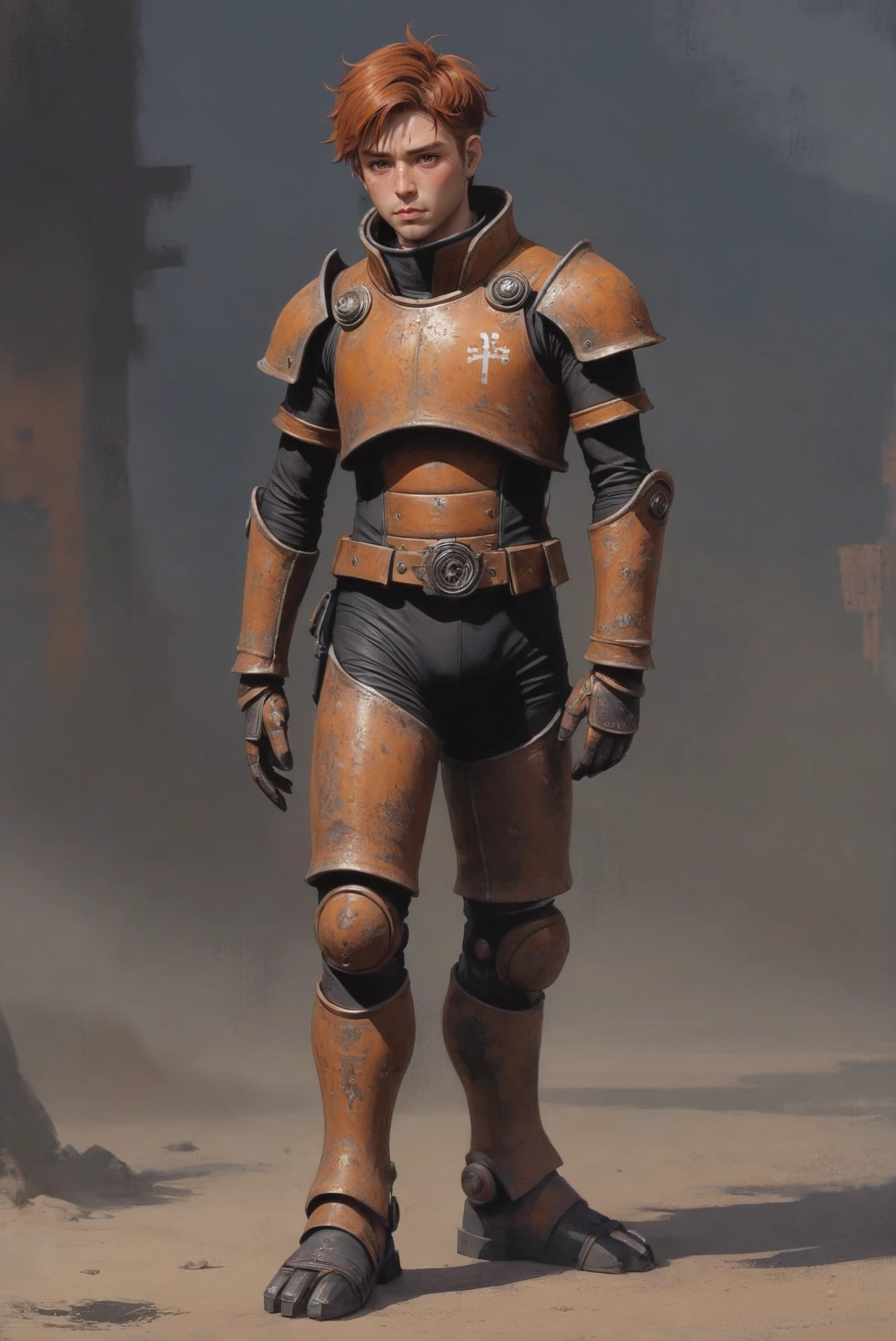 digital painting, rusty post-apolcalyptic scifi, (full body:1.2), 1boy, man, bishounen, solo, [:fantastical costume design,:0.2] crusader, chinese, darksalmon hair, (athletic:1) build<lora:EnvyStarlightRustpunk01:1>