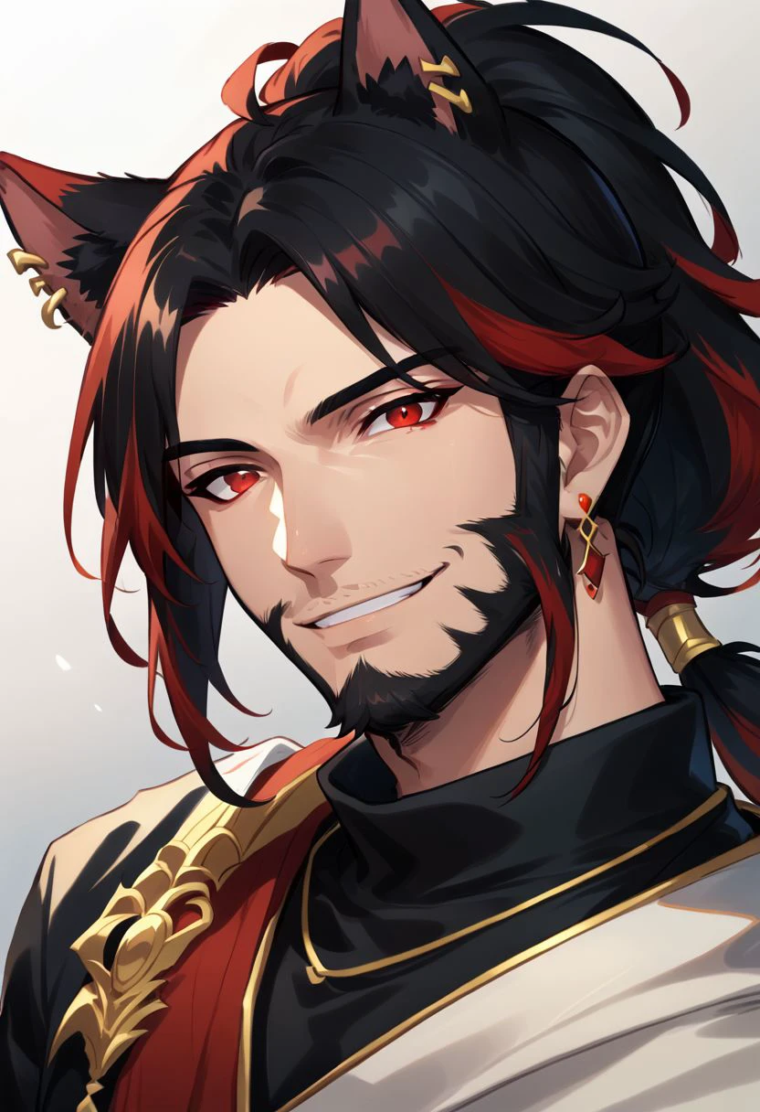 osgndkz, 1boy, facial hair, male focus, animal ears, solo, red eyes, long hair, jewelry, earrings, red hair, beard, ponytail, upper body, looking at viewer, smile, goatee, osenayan, black hair, multicolored hair,  zPDXL