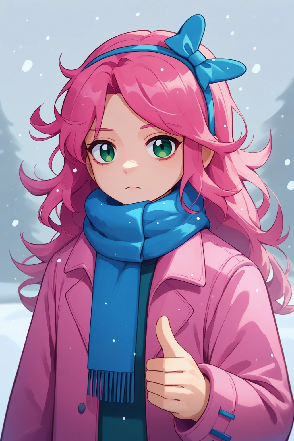 source_anime, score_9, score_8_up, 1girl, solo, <lora:NSStylistTerraria:1>  NSStylistTerraria, pink hair, long hair, green eyes, blue shirt, hair bow, hairband, thumbs down, winter coat, pink coat, blue scarf, expressionless face, winter, snowing