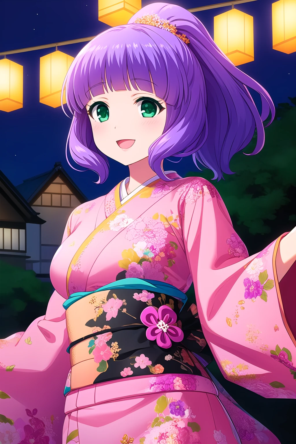 (masterpiece, best quality), highly detailed background, perfect lightingbest quality, kiriyamayuzuki, solo, outdoors, night, summer festival, purple hair, ponytail, blunt bangs, medium hair, green eyes, medium breasts, green kimono, floral print, japanese clothes, smile, open mouth, :d, pink lips, <lora:Kiriyama-Yuzuki:0.7>
