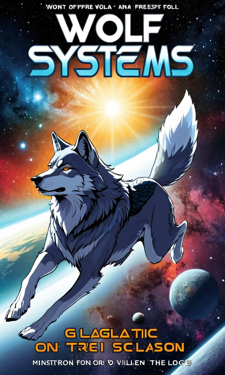 a comic book cover of a wolf flying through space, text " wolf_systems, an epic adventure" , outline, best quality, masterpiece, <lora:cbcmkrsdxl:1>, cbcmkrsdxl, galactic, 4 legs,