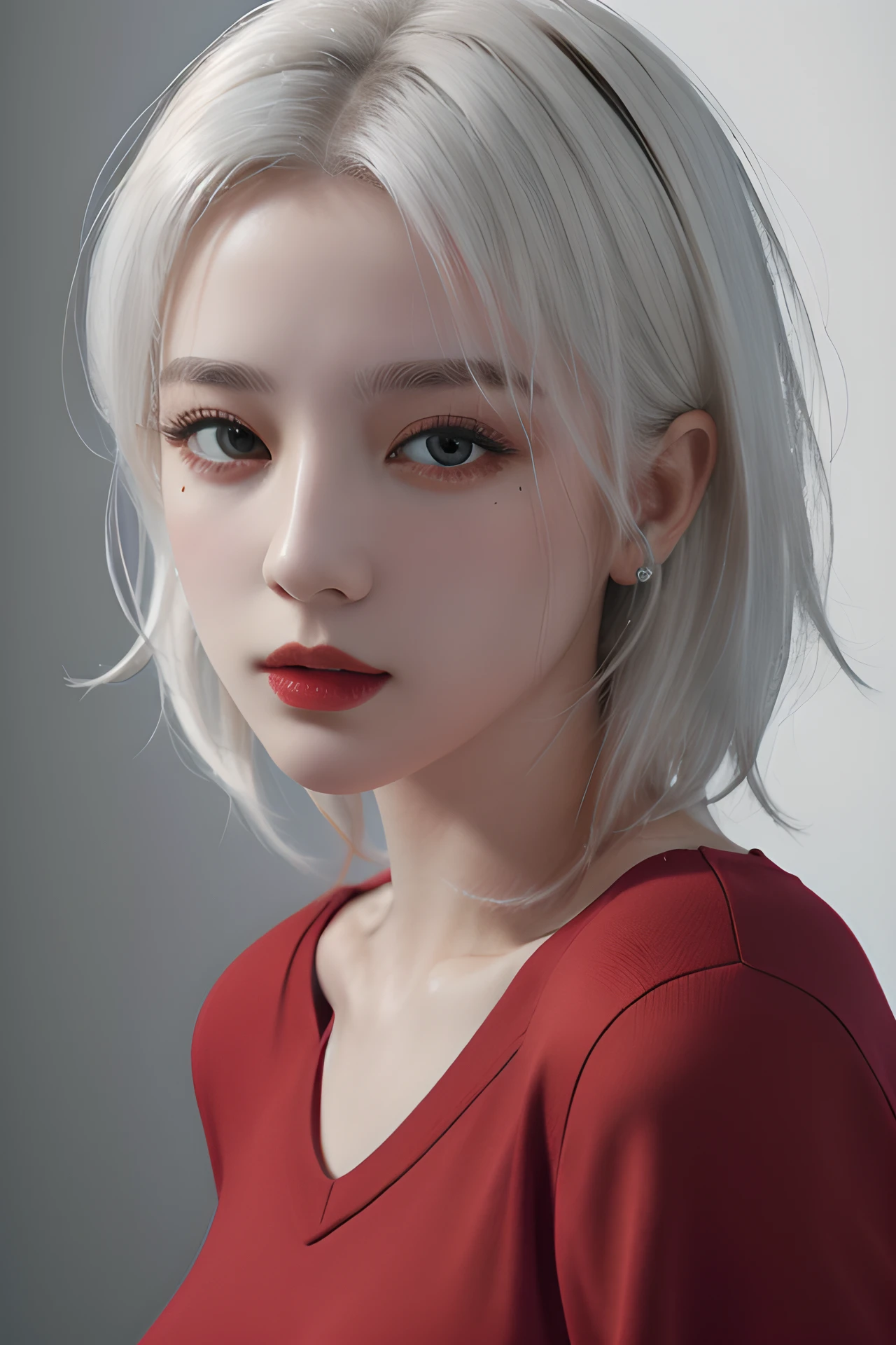 (4k, best quality, highres, absurdres, masterpiece:1.21), (realistic:1.331), detailed and intricate,
1girl, white hair, red shirt, <lora:girlslike_dlrb:0.7>