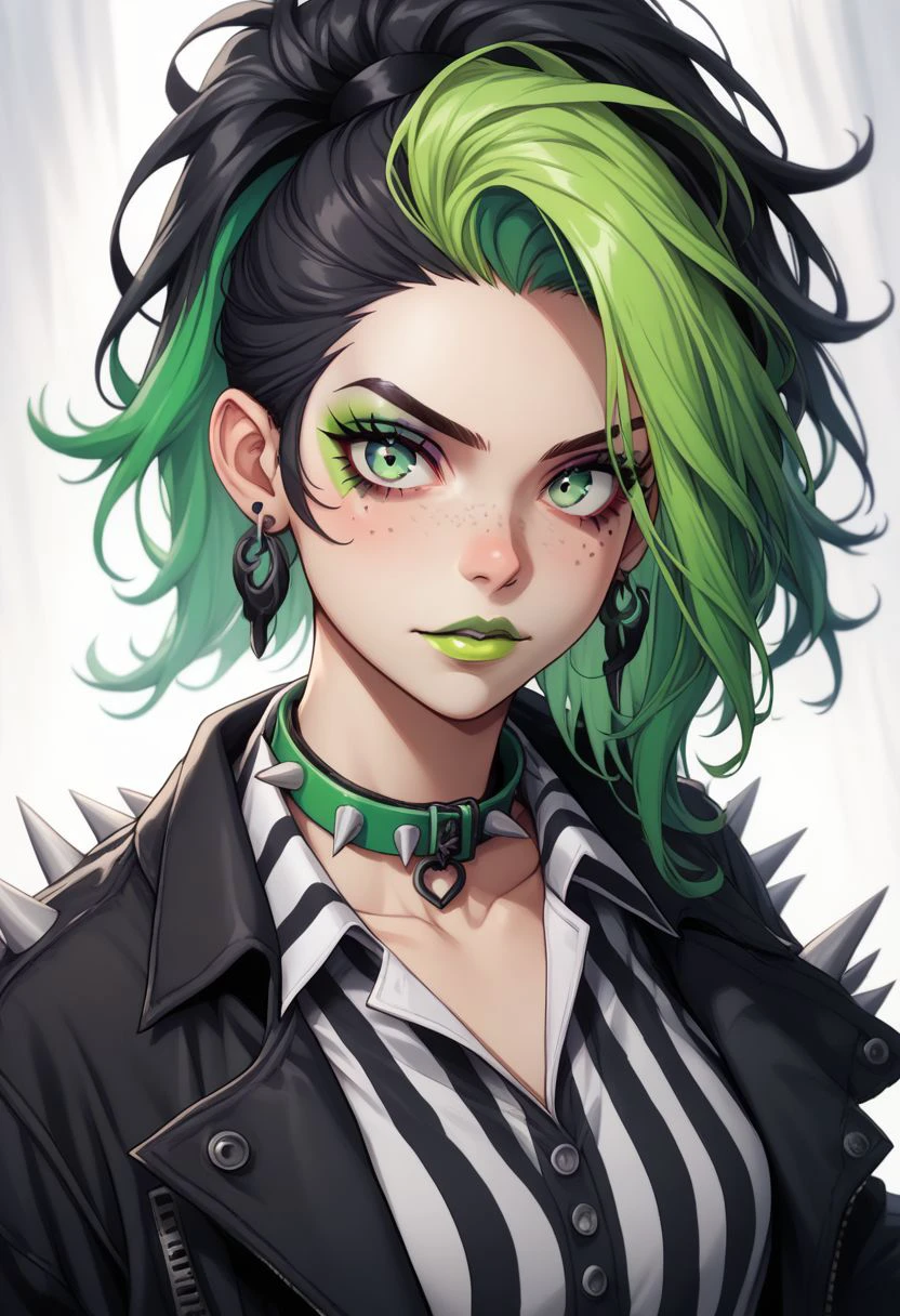 njsxzs, 1girl, solo, green hair, earrings, freckles, green eyes, multicolored hair, jewelry, black hair, makeup, jacket, looking at viewer, shirt, choker, lipstick, striped shirt, collared shirt, collarbone, portrait, striped, black jacket, collar, white shirt, ponytail, spikes, green lips, two-tone hair, long hair, neon, green, slime tutorial, beetlejuice inspired, underworld vibes  zPDXL