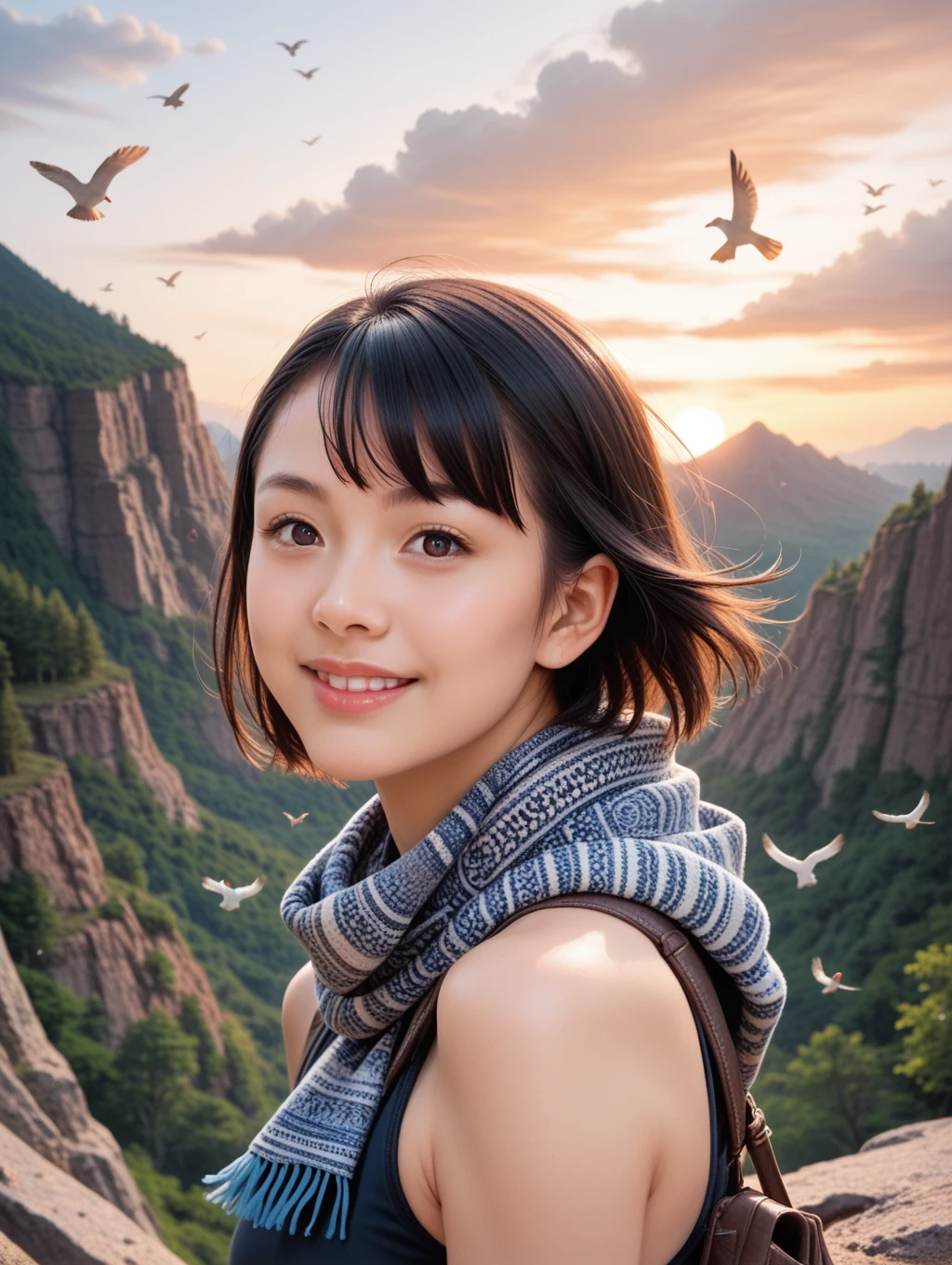 score_9, score_8_up, score_7_up,
1girl, 
 cinematic lighting, (character focus),sunset, cloudy sky, flying birds, nature 1girl, black hair,  depth of field, lips, looking at viewer, outdoors, rocky mountain. canyon,  short hair, smile, asymmetrical bangs, from side, fingerless gloves, scarf,