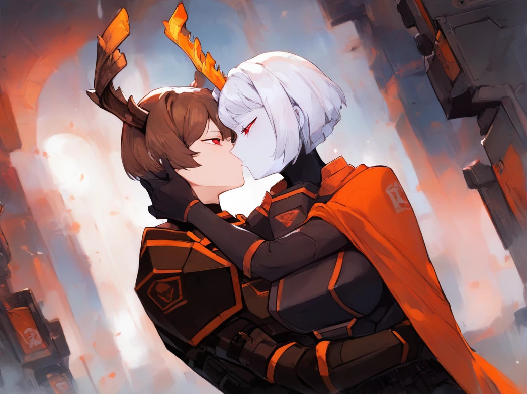 (score_9, score_8_up:1.1), score_7_up, masterpiece, futuristic meeting room background, two peoples kissing each other
BREAK
<lora:Rudolph_Limbus_Model:1>, RudolphLOR, horns, broken horn, upper body, short hair, bangs, brown hair, gloves, 1boy, red eyes, kiss another person, closed mouth, standing, half closed eyes, black gloves, orange cape, black armor, hugging another person 
BREAK
 <lora:Myo_LOR_Model:1>, LibMyo, 1girl, upper body, breasts, kiss another person, short hair, large breasts, red eyes, closed mouth, wide open eyes, shocked face, white hair, belt, orange cape, black armor, pale skin, hugging another person