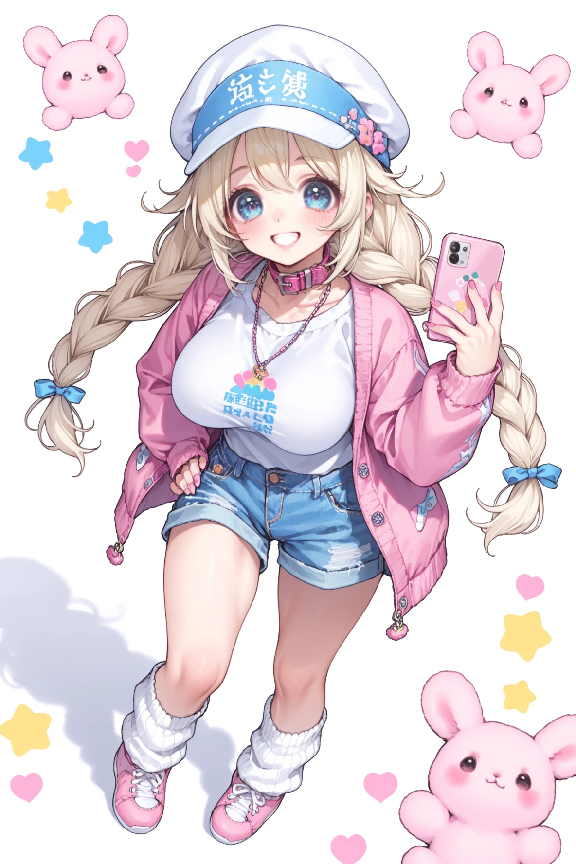  1girl, mature female, large breasts, smile, v, twin braids, white headwear, blonde hair, phone, white hair, :3, collar, shorts, pink nails, blue eyes, loose socks looking at viewer,   <lora:StrawbunimilkR2_r2:0.7>