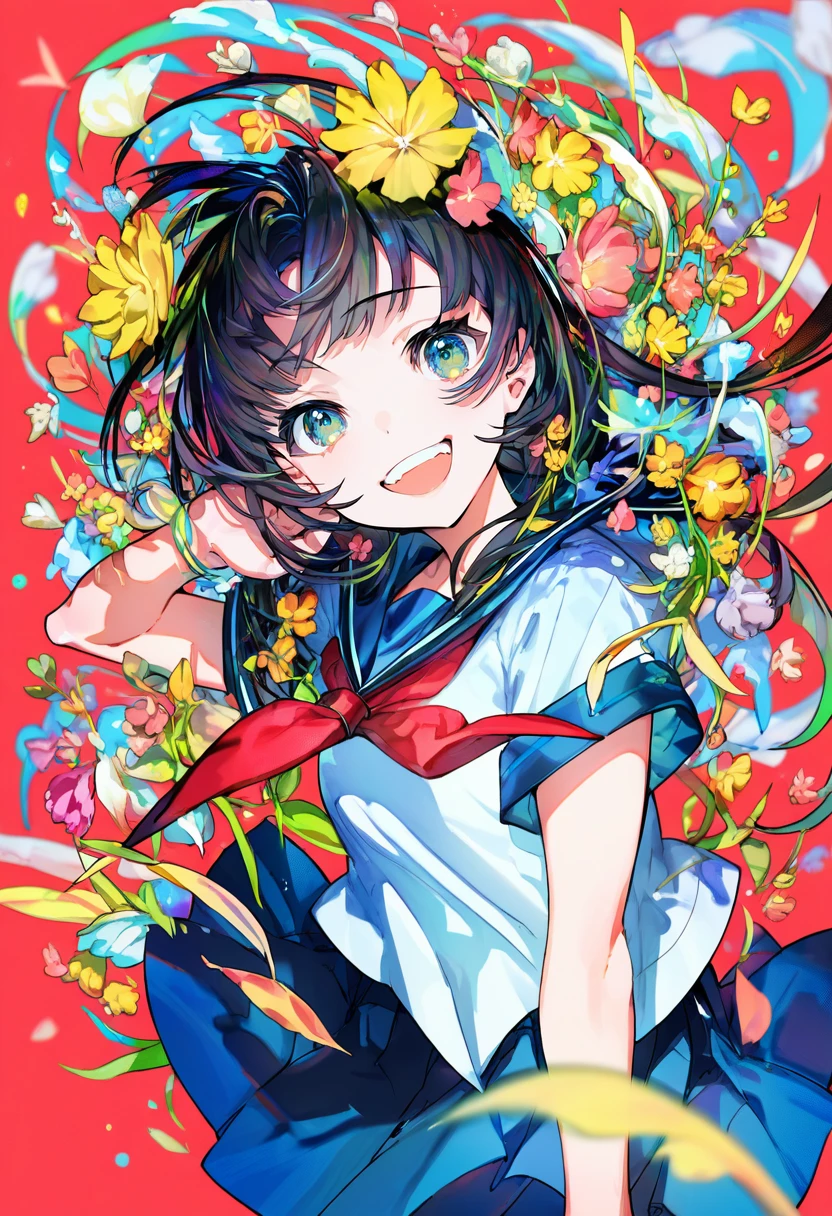 score_9, score_8_up, score_7_up, score_6_up, <lora:MikaPikaZoXL_P6_lokr_V42310:0.95>1girl, solo, skirt, long hair, black hair, colorful, flower, open mouth, looking at viewer, shirt, short sleeves, school uniform, smile, pleated skirt, red background, serafuku, blue skirt, teeth, neckerchief, multicolored eyes, cowboy shot, blue eyes, yellow flower, red neckerchief, green eyes, white shirt, sailor collar