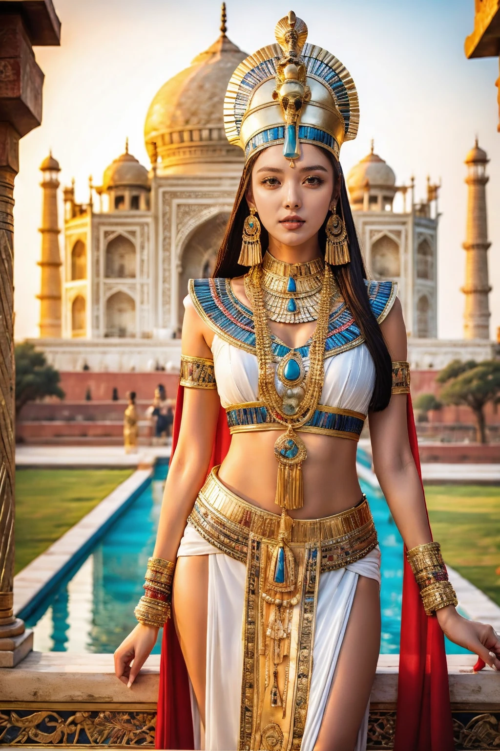 Cleopatra-HXZ, 1girl, jewelry, cape, solo focus,full body,wide shot,parameters,(full body:1.5),(Chinese beauty face:1),pharaoh costume, ornate headdress, golden accessories, ancient Egypt-themed party,sunset,Taj_Mahal,
best quality,masterpiece,realistic,<lora:Cleopatra-HXZ:0.8>,