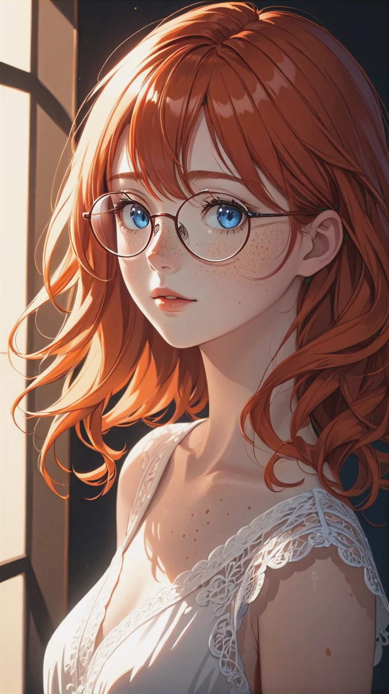 a young woman with red hair, small narrow glasses, wearing a white dress, freckles, looking at viewer, blue eyes, orange-red hair, parted lips, upper body
(masterpiece:1.2), (best quality:1.2), newest, ai-generated, ultra-detailed, best shadow, detailed background, high contrast, (best illumination, an extremely delicate and beautiful), ((cinematic light)), hyper detail, dramatic light, intricate details, 8k, anime, very aesthetic,