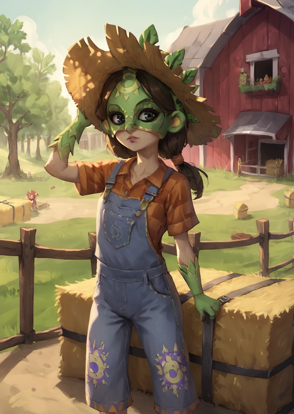 score_9, score_8_up, score_7_up, score_6_up,  <lora:Leafos:0.8> , Leafos, 1girl, solo, mask, straw hat, overalls, plaid shirt, hay bale, barn, outdoors, detailed background,