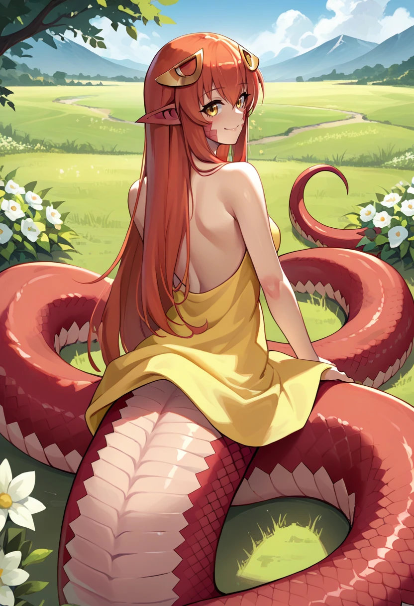 score_9, score_8_up, score_7_up, source_anime, from behind, solo, 1girl, mmmiia, monster girl, lamia, scales, smile, looking back, hair ornament, hairclip, pointy ears, slit pupils, yellow sundress, bare shoulders, outdoors, flower field <lora:monstermusume_miia_ponyXL:1>