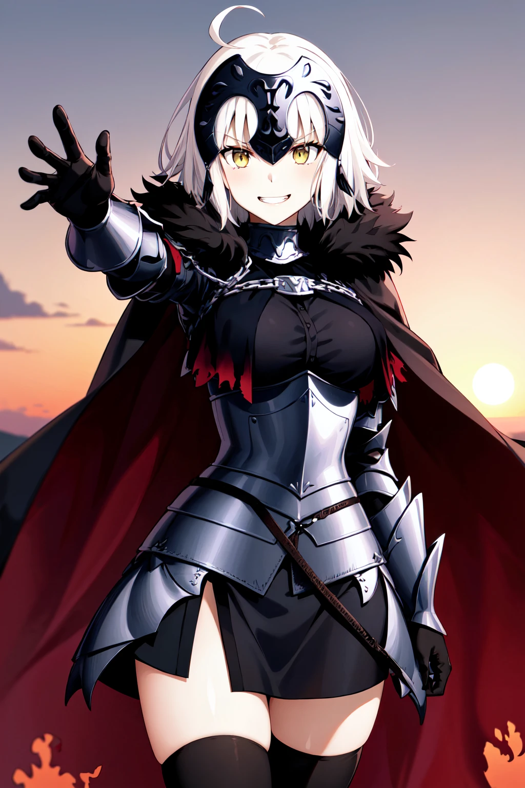 masterpiece, best quality, highres, aajda, short hair, white hair, ahoge, headpiece, fur trim, black cape, armor, armored dress, gauntlets, black thighhighs, <lora:jeanne_d'arc_alter_(fate)_v1:0.7>, sunset, evil grin, field, outdoors, cowboy shot, reaching out,