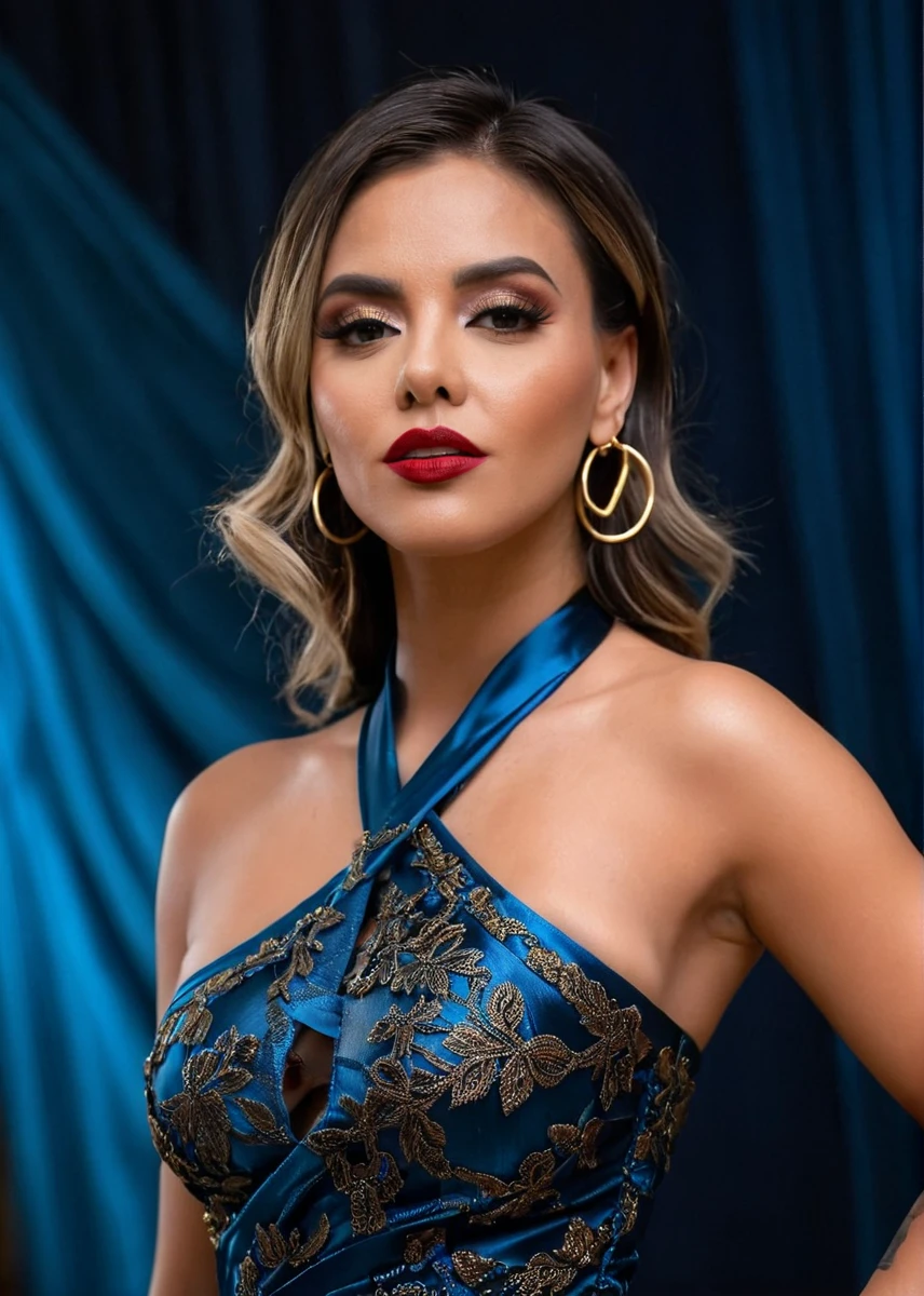glamorous photo of a captivating masterpiece of an woman in a (criss-cross neckholder dress made of blue silk), earrings, half body, The intricate lace and gold details exude a very rebellious aura. ((The use of high-shine gloss adds a touch of glamour to the look)), ((while the deep red and black hues give it a dramatic vibe)), blurred background, studio ligthing, facing camera, shallow depth of field, <lora:MS_MalenaDoll_V1_SDXL:0.8>, high fashion, luxurious, extravagant, stylish, sensual, opulent, elegance, stunning beauty, professional, high contrast, detailed
