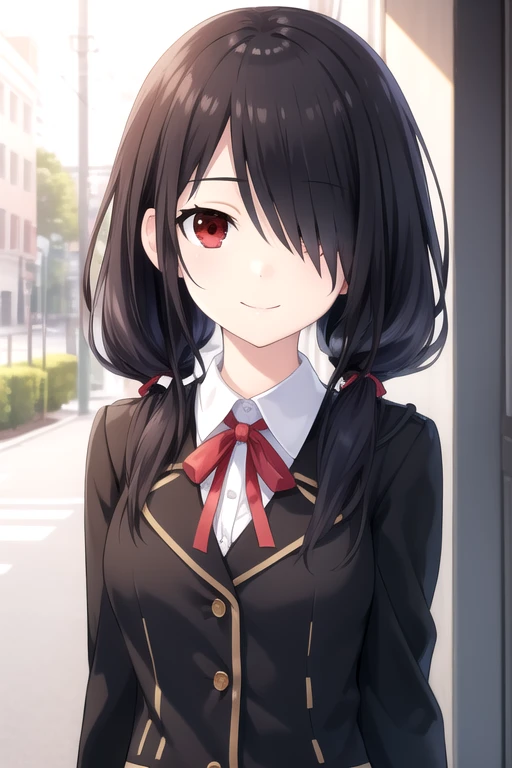 ((masterpiece)),(best quality),official art,extremely delicate and beautiful,extremely detailed CG,unity 8k wallpaper,ultra detailed,beautiful detailed eyes,extremely detailed face,outdoors,1girl,solo,upper body,(portrait:1.5),looking at viewer,facing viewer,smile,Tokisaki Kurumi,very long hair,black hair,low twintails,red ribbon,hair over one eye,bangs,red eyes,school uniform,black jacket,white shirt,collared shirt,medium breasts,long sleeves,pleated skirt,miniskirt,blue skirt,black pantyhose,loafers,<lora:Tokisaki Kurumi(dal)-Remake>,<lora:TSNeptunia-000045:0.5>,