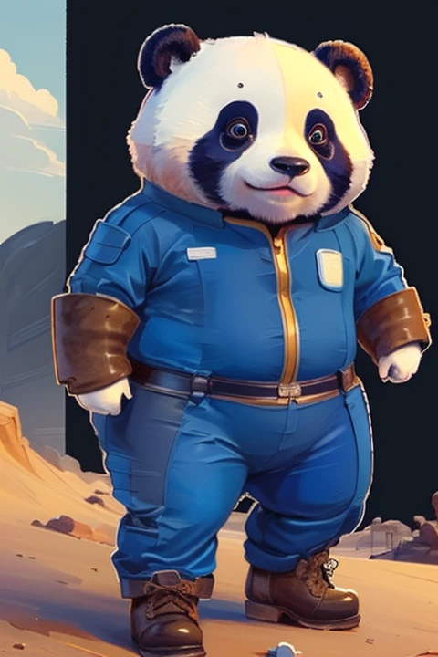 masterpiece, illustration, extreme detailed,
chubby, cute panda in blue jumpsuit, belt, brown footwear, boots,
outdoors, sand, wasteland,
cartoon style, detailed background <lora:Vault_Jumpsuit:0.8> <lora:impasto painting:0.8>
