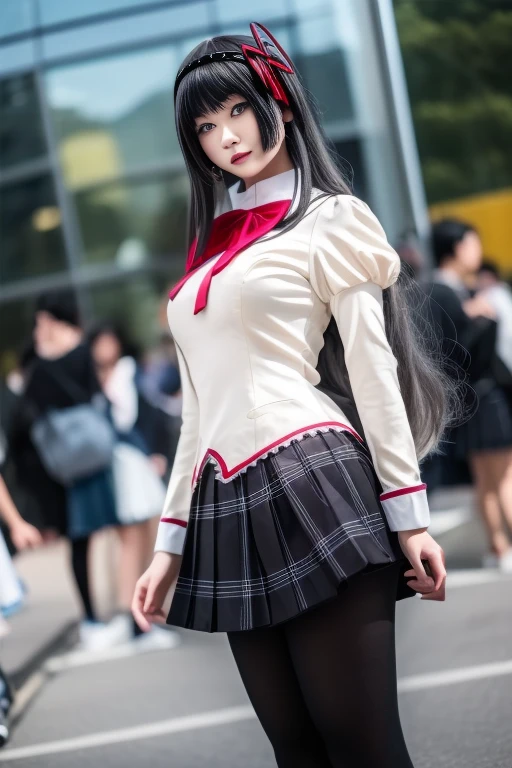 ltra-detailed,highly detailed,best quality,masterpiece,illustration,realistic,photorealistic,
akemi, akemi homura, magical girl, 
1girl, solo, cosplay, 
mitakihara school uniform, plaid skirt, pleated skirt, pantyhose, 
neck ribbon, 
bangs, long hair, black hair, 
looking at viewer, cowboy shot, 
outdoors, shadow, tree, night, city lights, 
 <lora:akemi_v1_07:1.0>