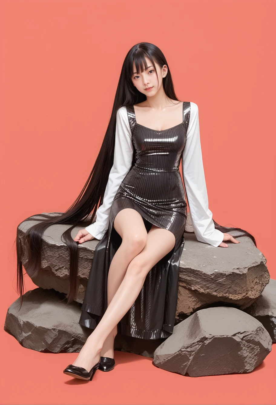 score_9,score_8_up,score_7_up,long legs,
very long hair,black hair,1girl,solo,(((red background))),sitting on rock,,ruanyi0464,dress,long sleeves,<lora:0464 Sequin strappy hip dress_v1_pony:1>