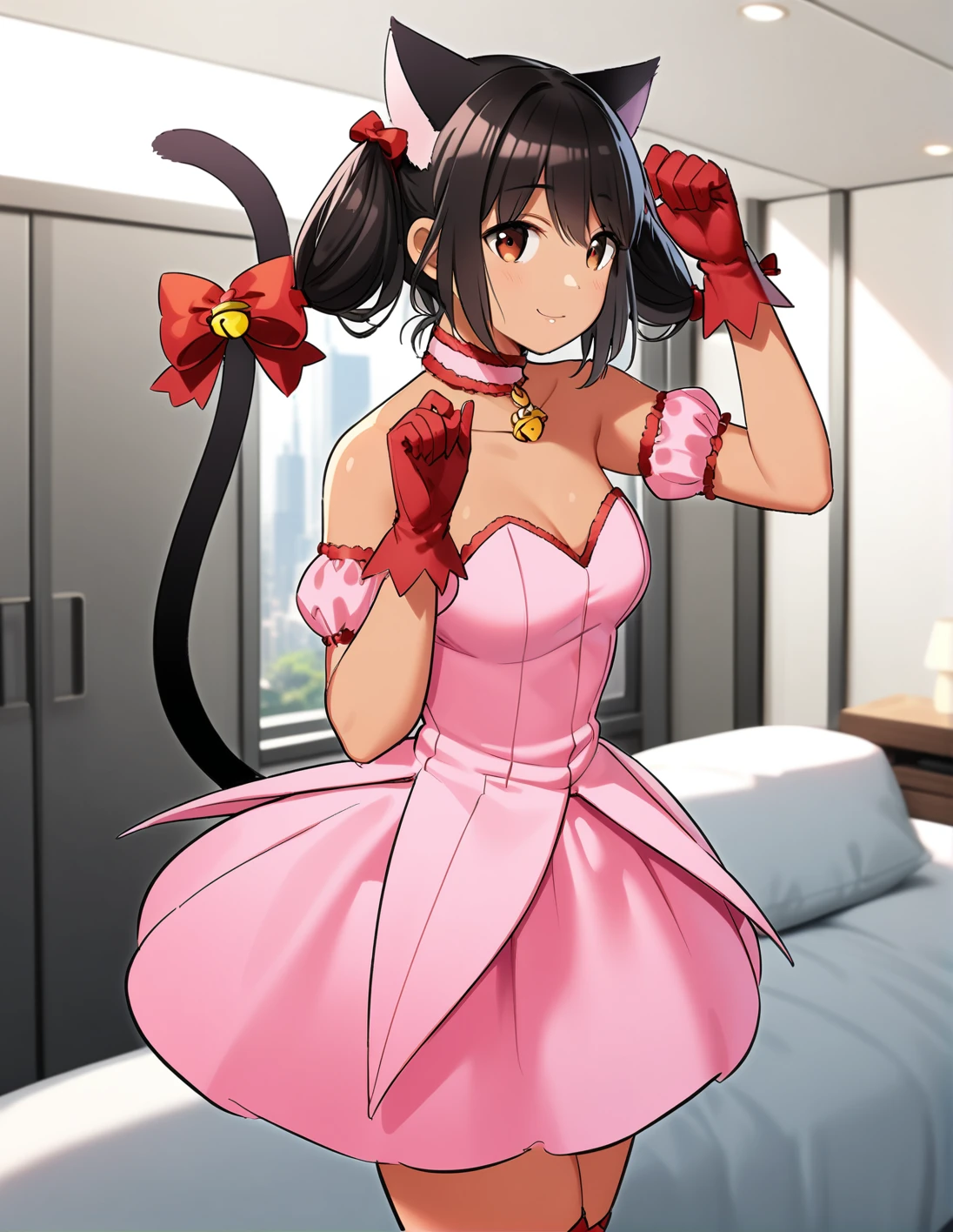 1girl, solo, <lora:sdxl-lyco-mew_ichigo-cosplay-animagine_xl_3_1-AdamW8bit-v1-1-1:1:lbw=0,0,0,0,0,0,0,0,1,1,0,0,0,0,1,1,1,0,0,0,0,0,0,0,0,0>, mew_ichigo_cosplay, bunches hair, black hair, dark skin , , tail bow, gloves, cat tail, red gloves, tail bell, choker, detached sleeves,pink dress, strapless, relaxed posture, elbows extended, standing, ,,smile, best quality, very aesthetic, ultra-detailed, intricate details, 4k,BREAK in a penthouse apartment