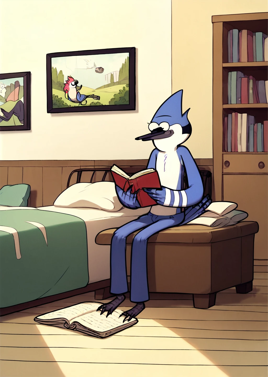 score_9, score_8_up, score_7_up, score_6_up, <lora:Regular_Show_Style:0.8>, regularshow, 1boy, Mordecai, bedroom, sitting, detailed background, smile, humanoid, glasses, reading, tail, bird,