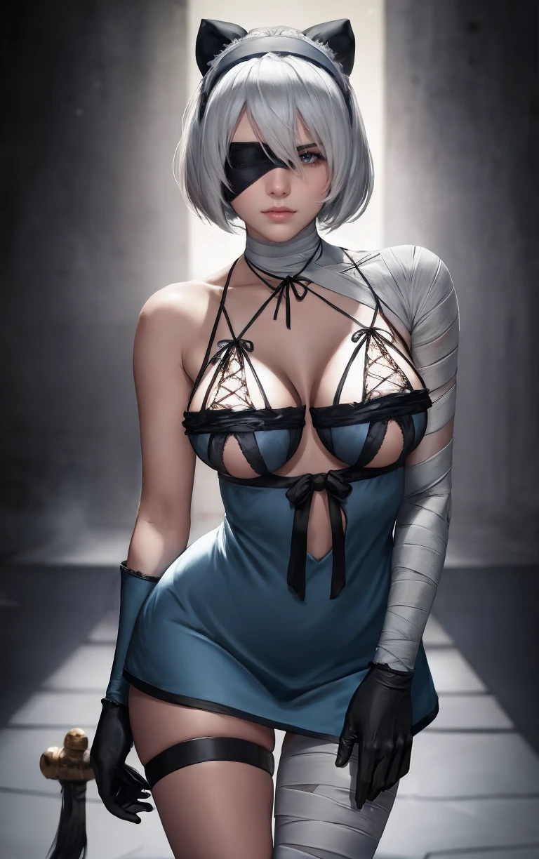 GAME_2B_nier_kaine_outfit_ownwaifu, 
1girl,  short hair, white hair, yorha no. 2 type b, mole under mouth, black hairband, large breasts, bangs, thighs, lips, nose, shiny hair, hair ornament, hairband, thigh gap, covered eyes, black blindfold, 
bandaged arm, bandaged leg, bandaged neck, cleavage, bare shoulders, lingerie, negligee, black gloves, elbow gloves, thigh strap, single thighhigh, black ribbon, gloves, bow, dress, 
<lora:GAME_2B_nier_kaine_outfit_ownwaifu:0.9> ,
((masterpiece)),((best quality)),(highres, absurdres), original, bokeh, depth_of_field, scenery, spotlight, focused, looking at viewer, solo, cowboy shot,