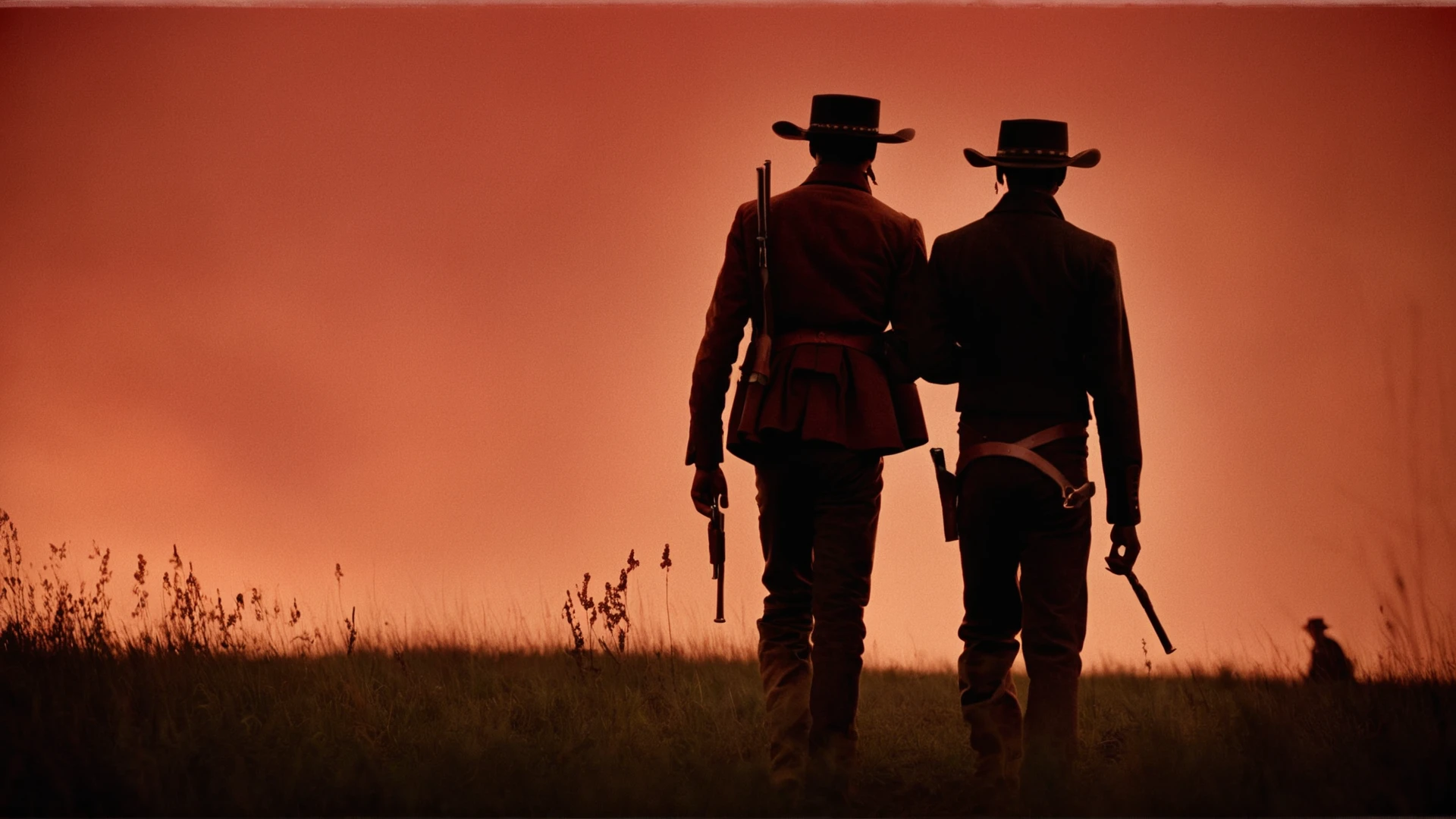 cinematic film still of <lora:detailed:0.2> 
<lora:perfection style:0.2>
<lora:Ron Fricke style:0.1>
 <lora:Django Unchained film style:0.8>
In 1858 two silhouette men walking in a field with a red sky,hat,holding,standing,monochrome,weapon,male focus,multiple boys,2boys,from behind,holding weapon,gun,grass,holding gun,red background,handgun,silhouette,red theme , 1800's, western film style, Django Unchained film style, cinematic, shallow depth of field, vignette, highly detailed, high budget, bokeh, cinemascope, moody, epic, gorgeous, film grain, grainy