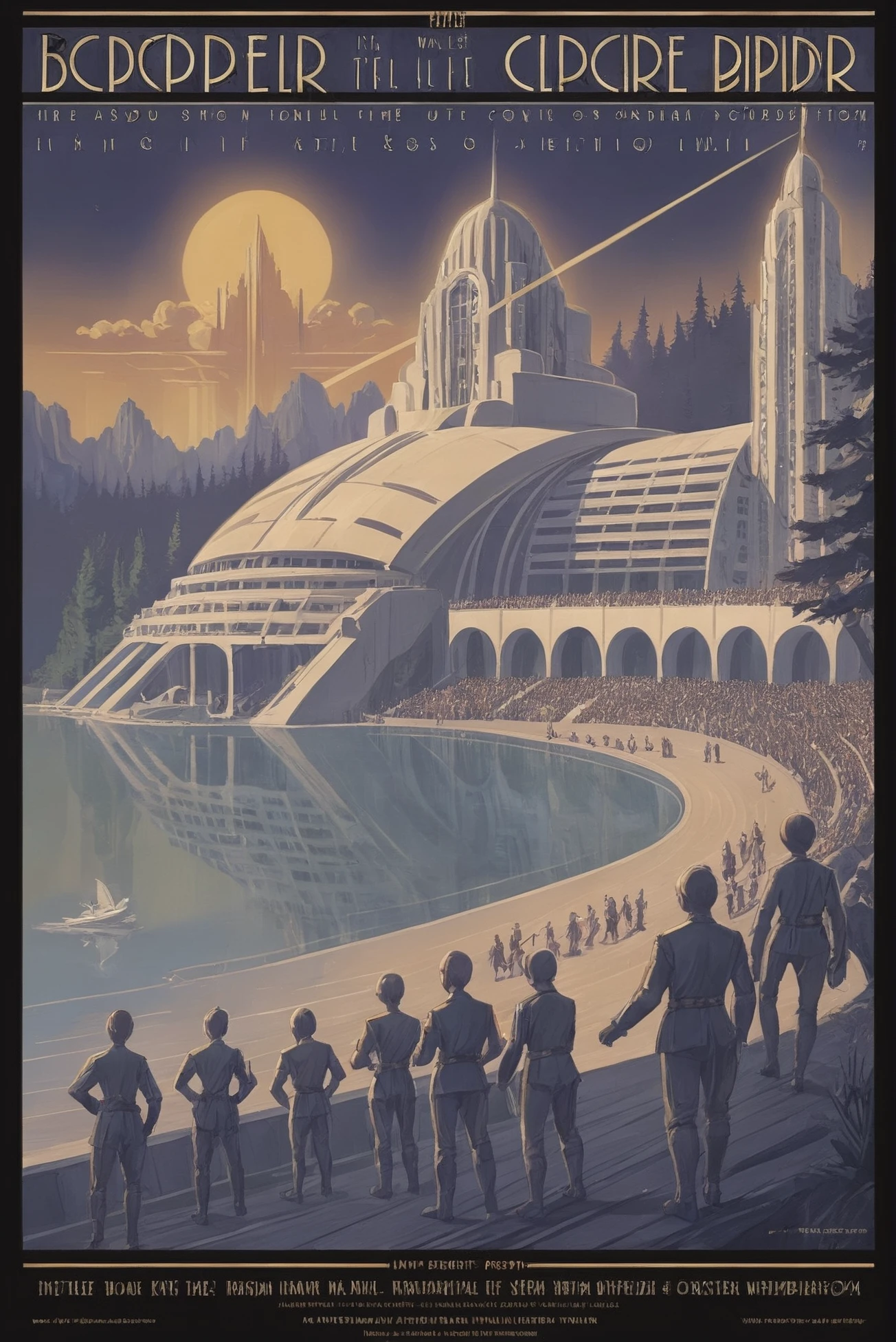 art deco war propaganda poster
Lakeside amphitheater in a impossible scifi topia beyond the beginning of time, masterpiece<lora:EnvyStarlightArtDecoPoster01:1>