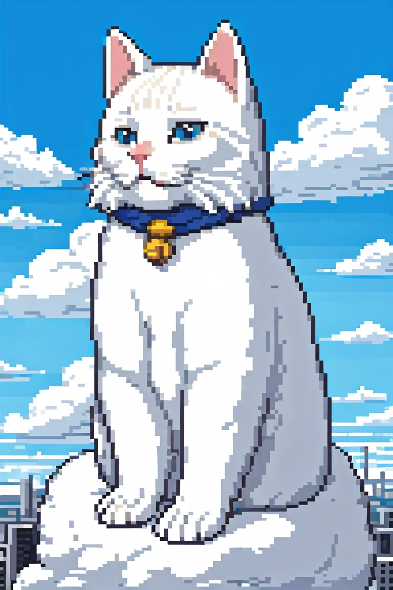 photo of a huge white cat sitting on a cloud in the sky