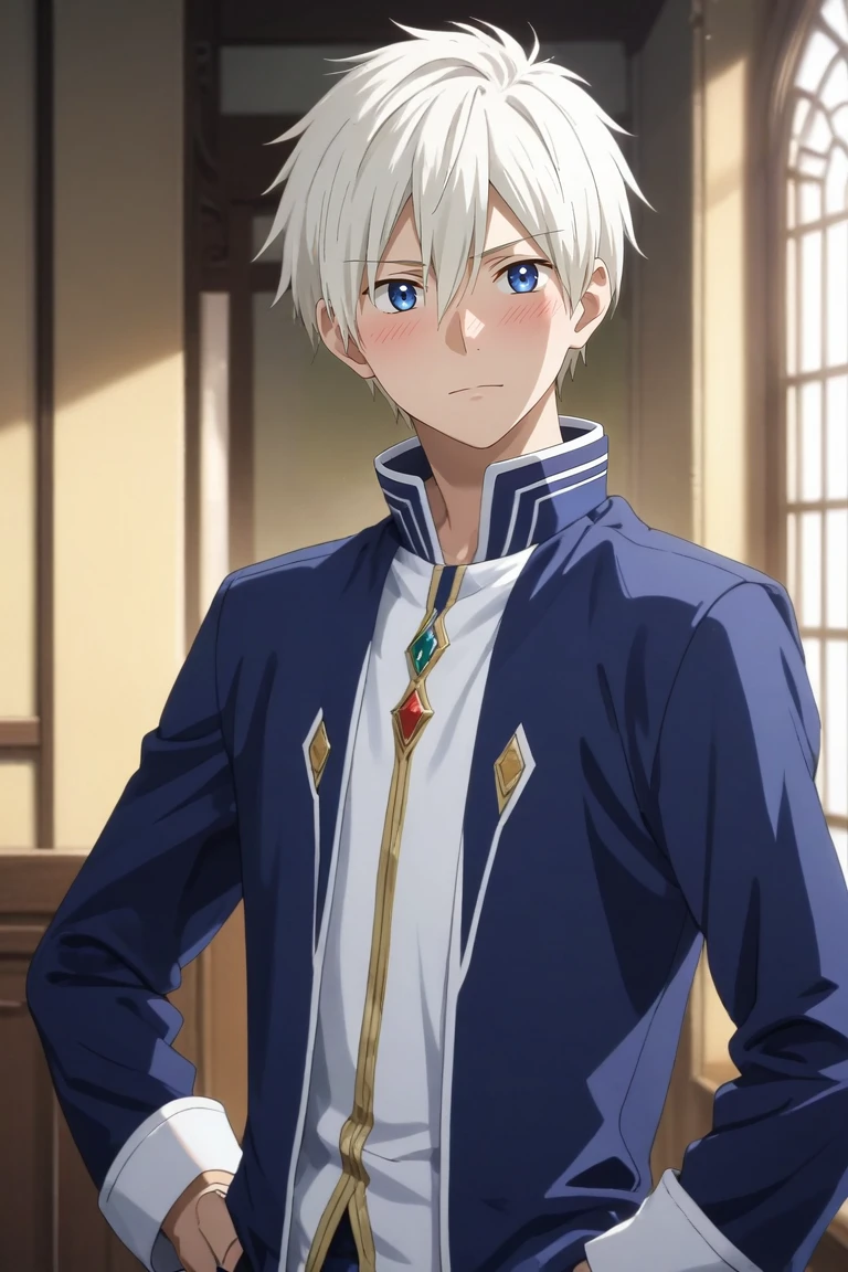 score_9, score_8_up, score_7_up, source_anime, rating_safe, intricate details, (photorealistic:0.6), , , 1boy, solo, male focus, <lora:zen_wistalia_pony:0.74>, zen_wistalia, white hair, blue eyes, short hair, hair between eyes, bangs, from afar, full body, machu picchu, indoors, light, hand on hip, embarrassed, nose blush, , <lora:sdxl_lightning_8step_lora:1>