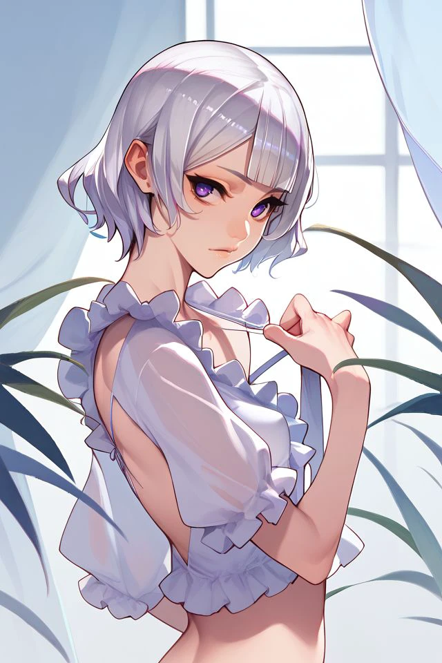 score_9, score_8_up, score_7_up, 1girl, puzzled, arm_behind_back, silver hair, curtain_bangs, purple eyes, small breasts, frilled shirt, beautiful background, dressing_room <lora:Ban!_(bansankan)_PonyXL_style_v01:1>