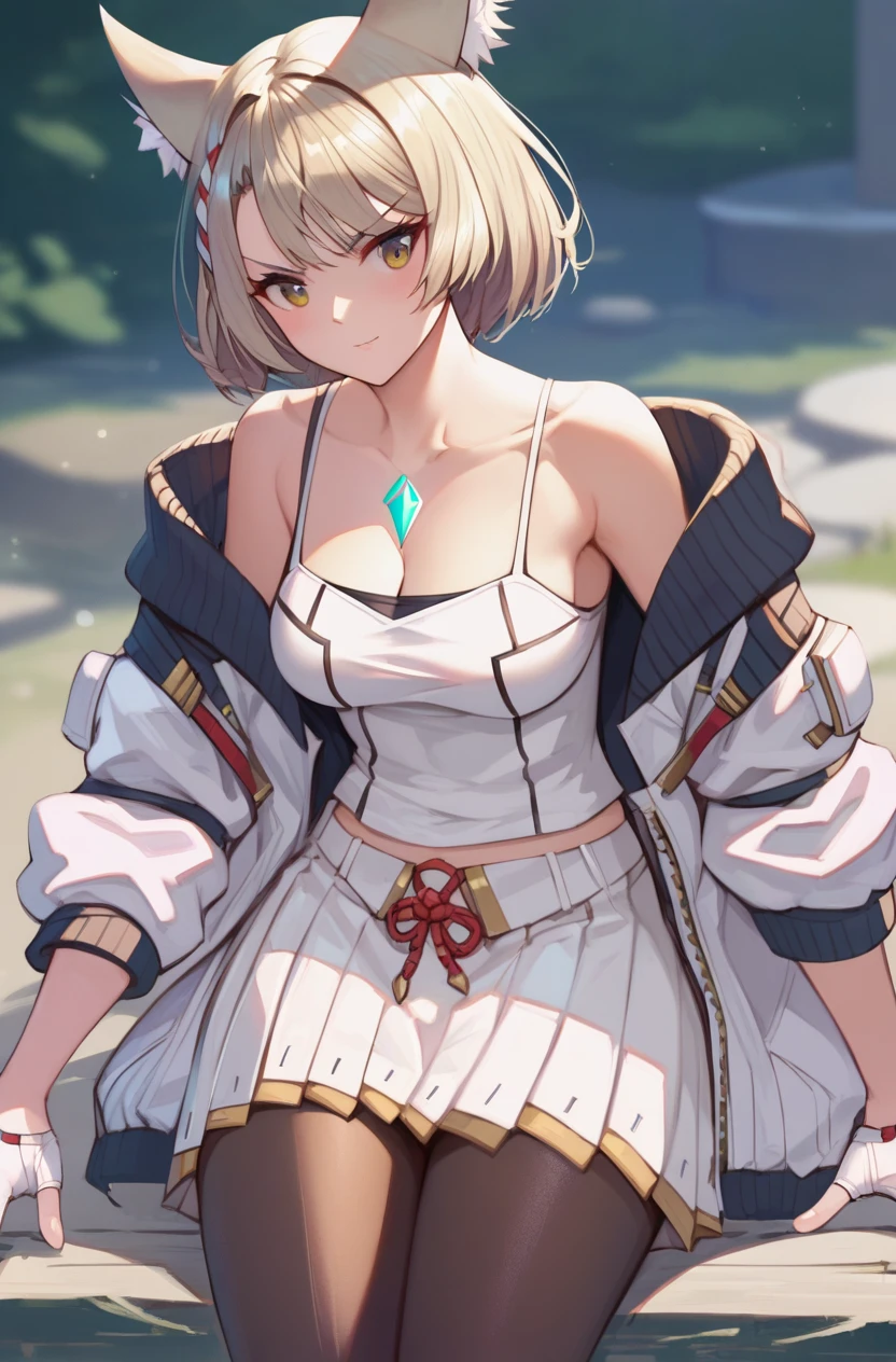 1girl, <lora:Mio_Xenoblade_PONY_v1:1>, (mio_xenoblade), short hair, skirt, animal ears, jacket, pantyhose, pleated skirt, cat ears, white skirt, white jacket, tank top, camisole, leggings, white tank top, chest jewel, white camisole, solo, (medium breasts:0.9), (sagging breasts:0.2), 
best quality, masterpiece, (score_9), (score_8_up), (score_7_up), source_anime, anime, anime screencap, anime coloring,