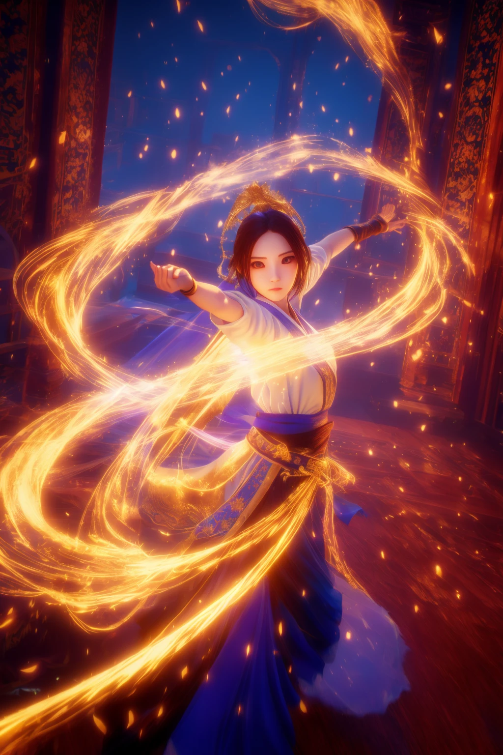 golden-aura,using golden-magic,golden-magic,ancient-costume,dancing,fighting stance,1girl,solo,<lora:magic_fighting_golden_768_dreamshaper_8:0.8>,