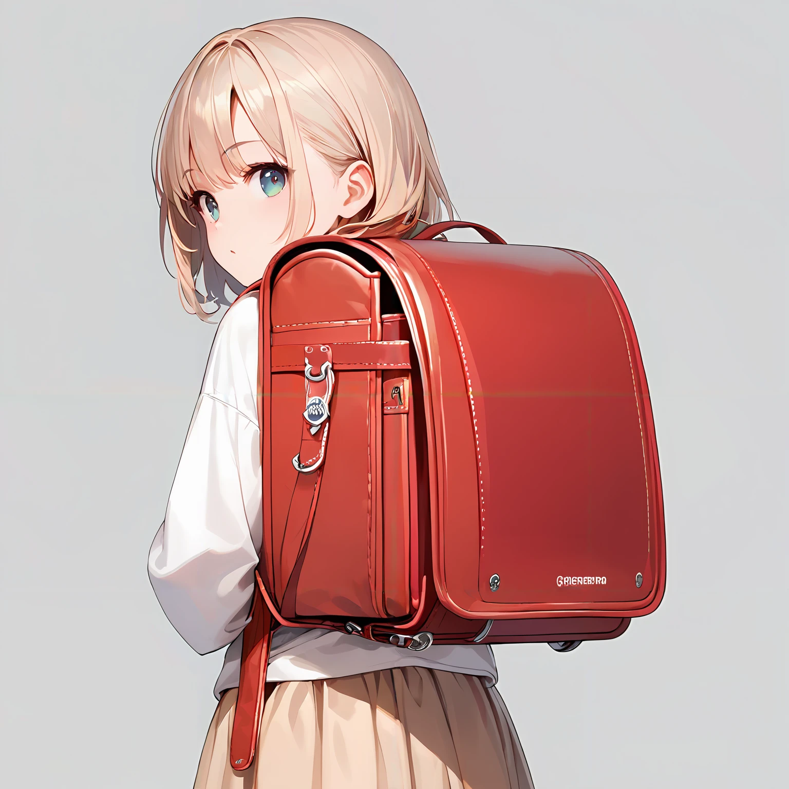 score_9, score_8_up, score_7_up,source_anime, high res image,masterpiece,best quality,girl,cowboy shot,cute face,simple background, <lora:randoseru_Pony_V1.0:0.7>randoseru,red backpack,from behind