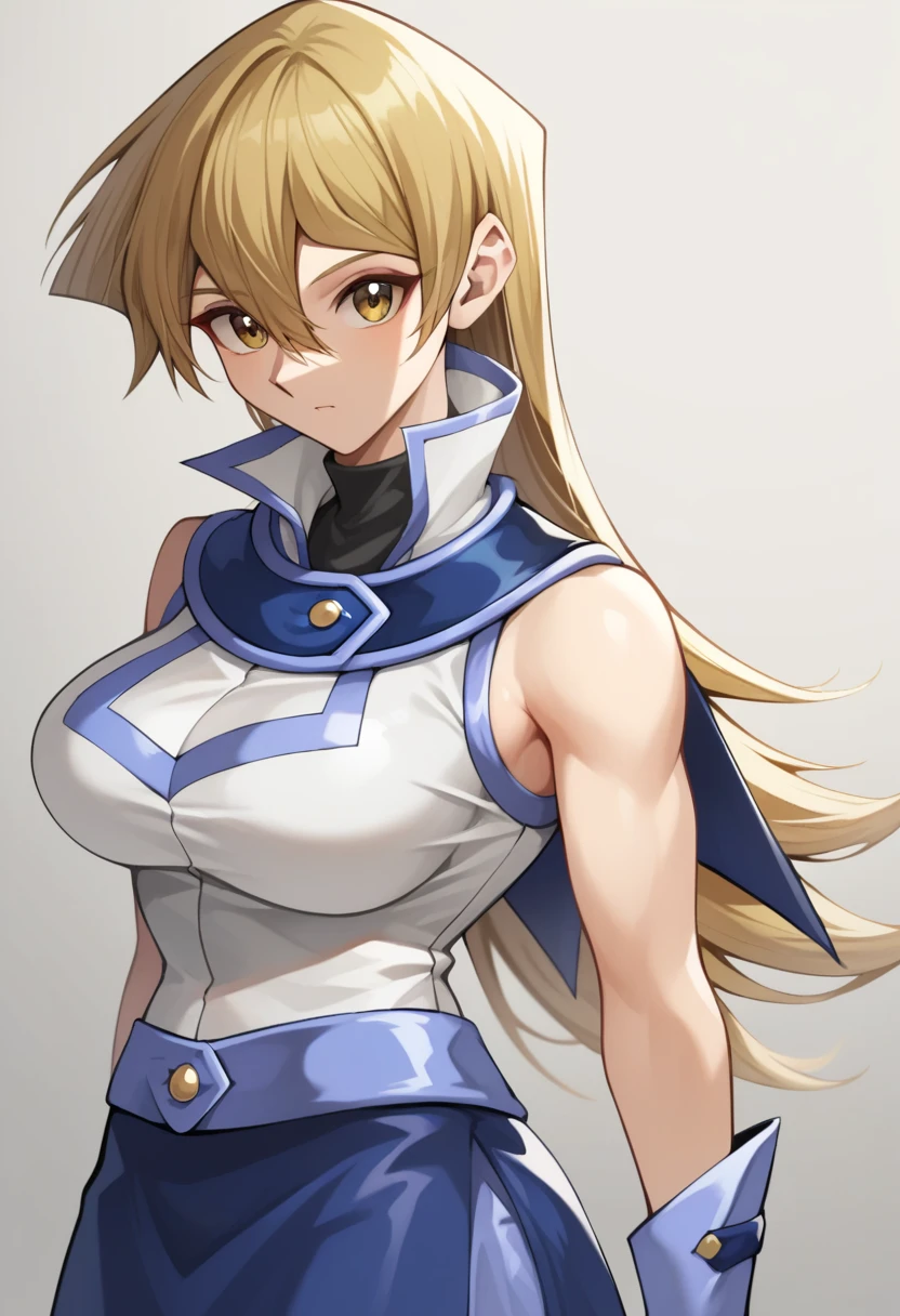 score_9,score_8_up,score_7_up,<lora:tenjouin_asuka_pony:1>,tenjouin_asuka,1girl,blonde_hair,long_hair,duel_academy_uniform_\(yu-gi-oh!_gx\),brown_eyes,hair_between_eyes,large_breasts,yellow_eyes,blue_skirt,white_jacket,miniskirt,