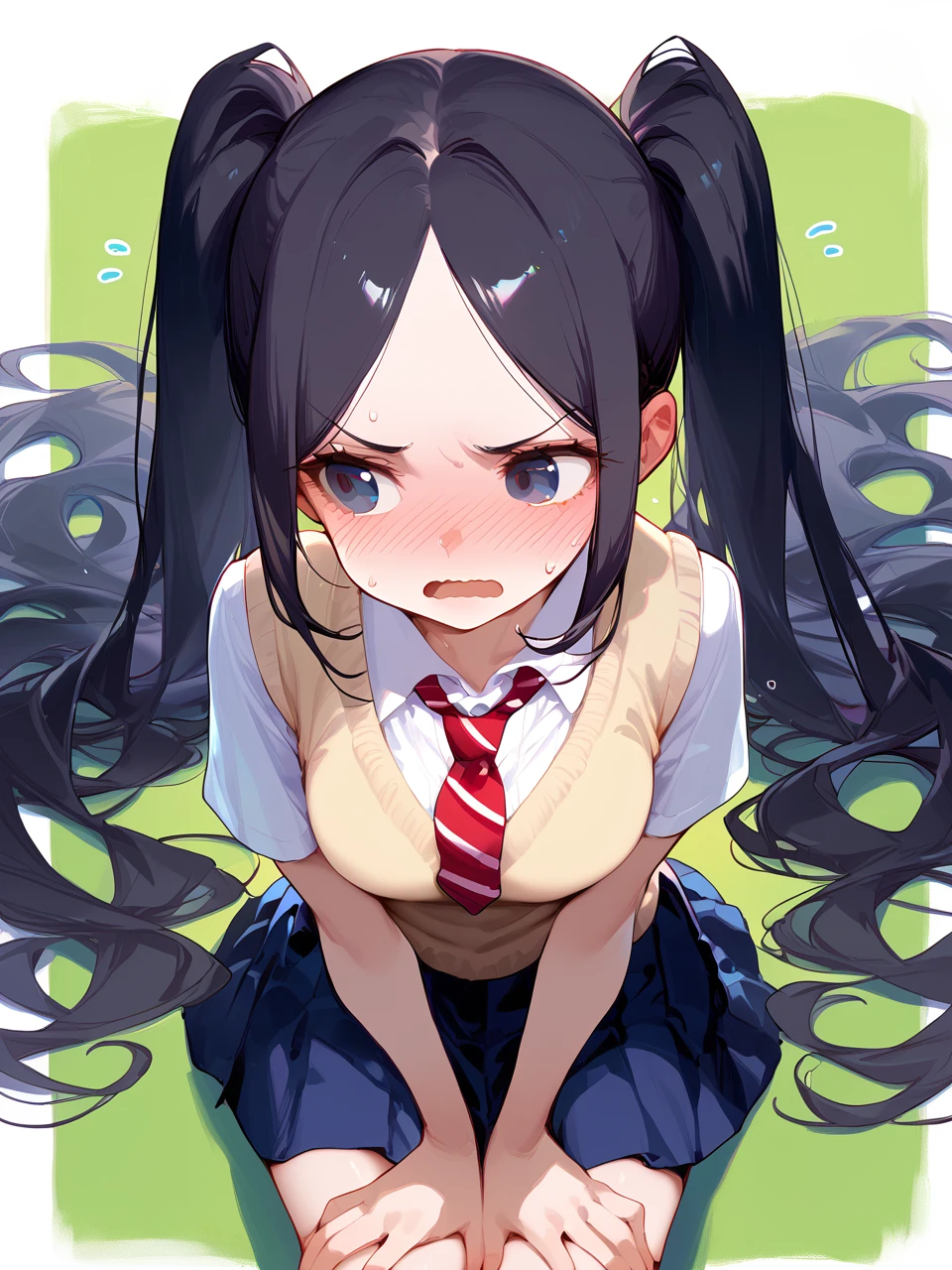 score_9, score_8_up, score_7_up, 1girl,
white shirt, collarbone, wavy mouth, black eyes, flying sweatdrops, striped, hands on own thighs, solo, parted bangs, sweater vest, twintails, medium breasts, white background, necktie, collared shirt, red necktie, two-tone background, diagonal-striped clothes, open mouth, v-shaped eyebrows, diagonal-striped necktie, striped clothes, green background, blush, short sleeves, long hair, sweat, pleated skirt, looking ahead, nose blush, skirt, very long hair, blue eyes, black hair, shirt, blue skirt, breasts