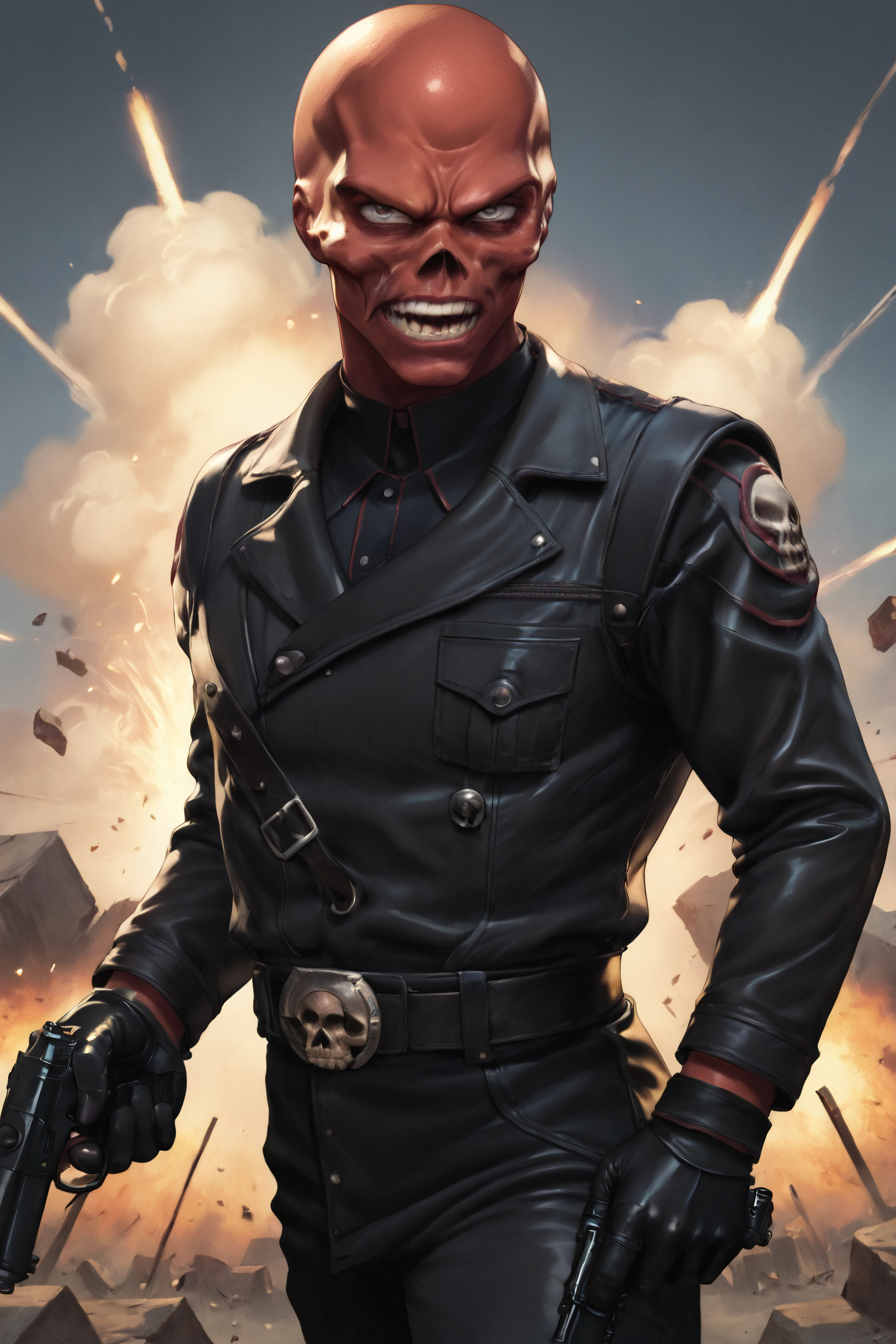 High Quality, Masterpiece, 1boy, solo, edgCommissar, epaulettes, wearing edgCommissar, ((artificial eye)), skull emblem, millitary uniform, hat, <lora:Outfit_Warhammer40KCommissar:1>, upper body, muscular male, colossal titan, <lora:Char_Sigmas_ColossalTitan:1>