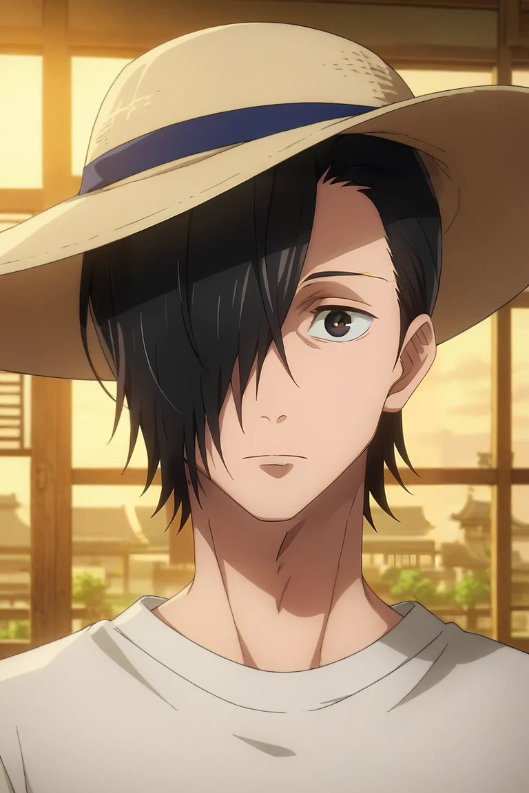 score_9, score_8_up, score_7_up, source_anime, rating_safe, intricate details, , looking at viewer, , 1boy, solo, male focus, <lora:junpei_yoshino_pony:0.9>, junpei_yoshino, black hair, black eyes, short hair, hair over one eye, straight-on, town, japanese architecture, indoors, light, jumping, heart eyes, , sun hat, <lora:sdxl_lightning_8step_lora:1>
