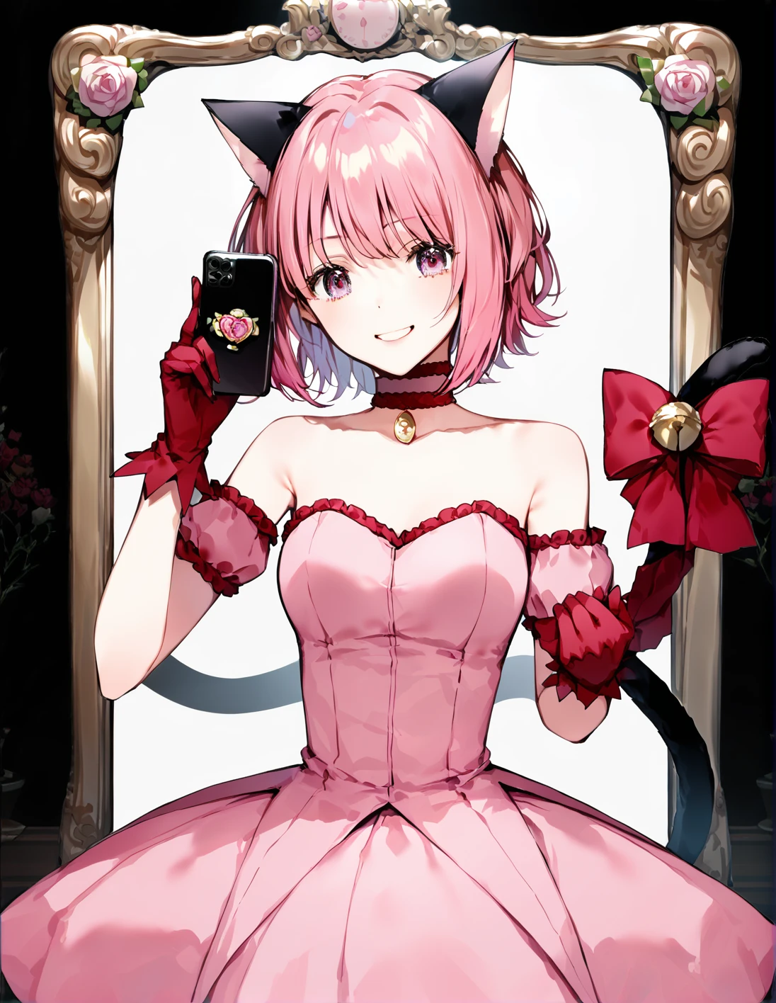 score_9, score_8_up, score_7_up, best quality, masterpiece, 4k, uncensored, prefect lighting, rating_explicit, very aesthetic, anime ,absurdres ,zPDXL, zPDXLpg,1girl, solo, <lora:sdxl-lyco-mew_ichigo-original-ponyDiffusionV6XL-v1:1>, mew_ichigo, tail bow, gloves, cat tail, red gloves, tail bell, choker, detached sleeves,pink dress, strapless, relaxed posture, elbows extended, standing, ,,smile, best quality, very aesthetic, ultra-detailed, intricate details, 4k,BREAK in a phone booth